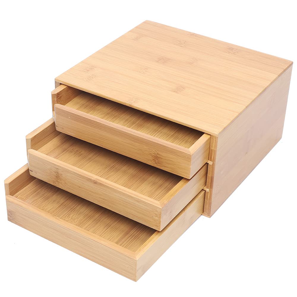 LOYALHEARTDY 3 Drawer Bamboo Storage Box - Wooden Tea Organizer, Pine Wood Desktop Chest for Pu-erh Tea, Spices & Office Supplies | Perfect for Tea Lovers, Home & Office Organization