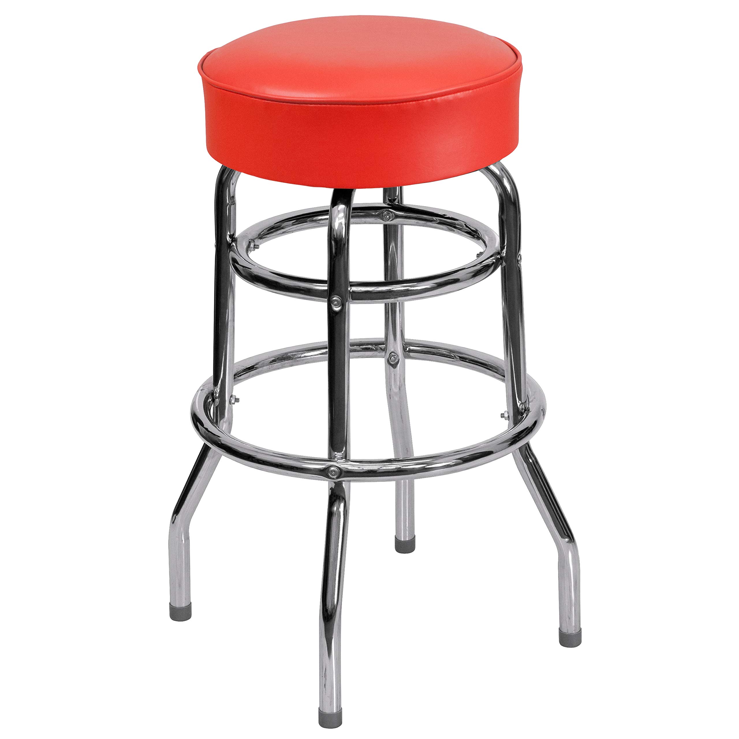 Chrome Bar Stool with Double Ring Design and Red Cushion Seat - Perfect for Kitchen Islands, Breakfast Bars, and Modern Dining Areas