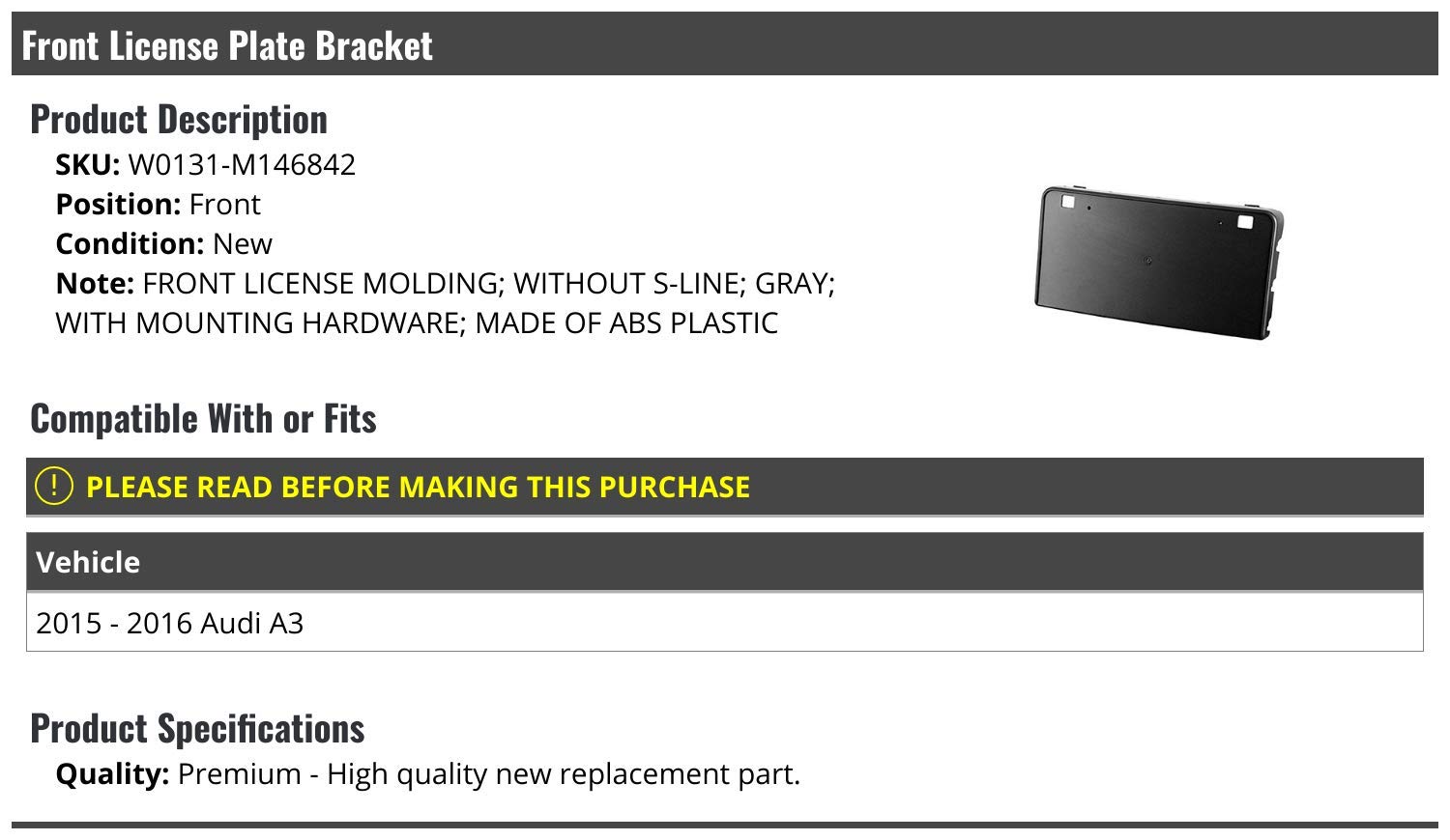 Universal Front License Plate Bracket for 2015-2016 Audi A3 (Non S-Line) | Durable Gray ABS Plastic | Easy No-Drill Installation | Perfect for Parking Compliance & Car Shows