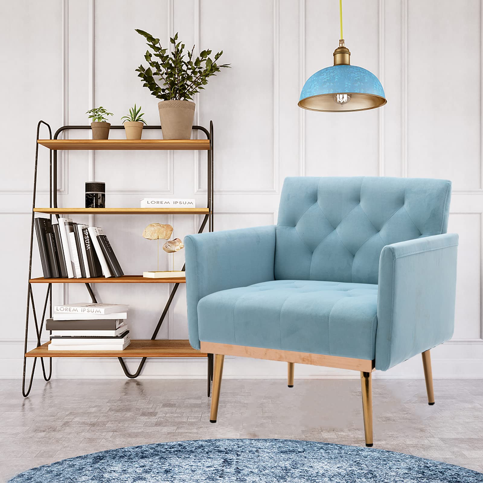Velvet Accent Chair with Gold Metal Legs - Modern Single Sofa for Living Room, Bedroom, Office & Small Spaces - Blue Upholstered Lounge Chair for TV Watching, Reading & Coffee Breaks