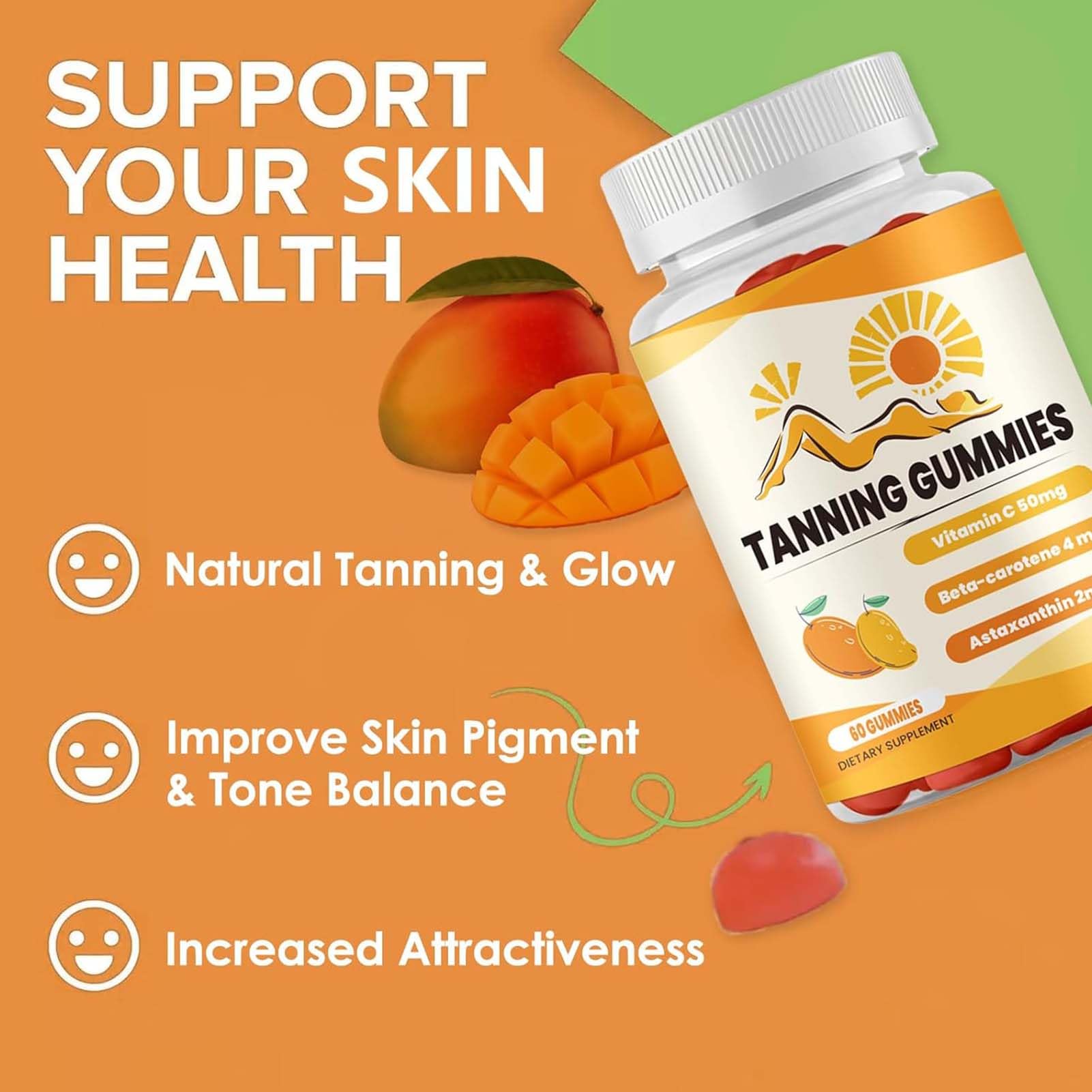 Natural Tanning Gummies with Beta-Carotene, Lycopene & Astaxanthin - Vegan, Non-GMO Supplement for Sun-Kissed Glow (60 Count) | Perfect for Beach Days, Vacations & Healthy Summer Skin Care