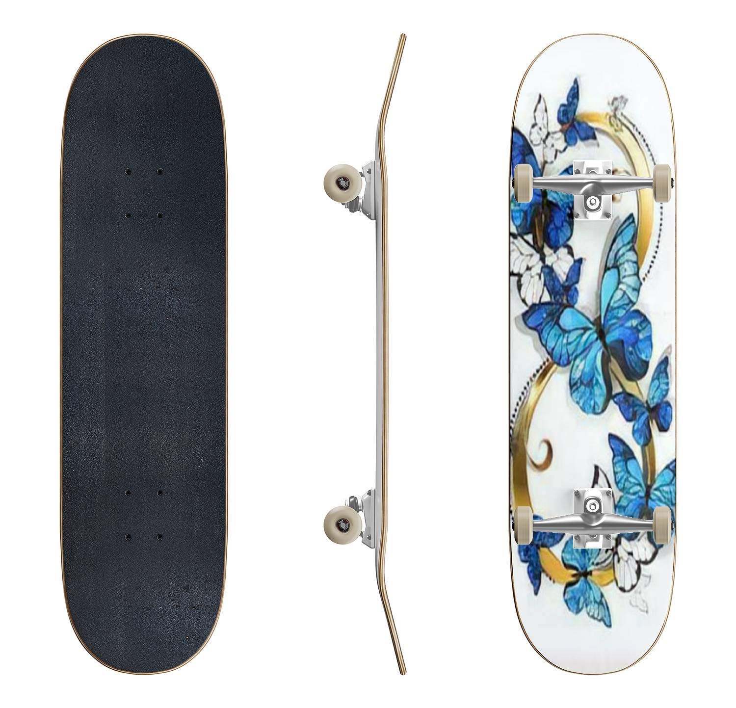 Gold Figure Eight Skateboard with Realistic Blue Morpho Butterflies - Classic Concave Design for Beginners & Professionals | Perfect for Teens, Extreme Sports, and Unique Gifts | Great for Street Skating, Commuting, and Skatepark Tricks