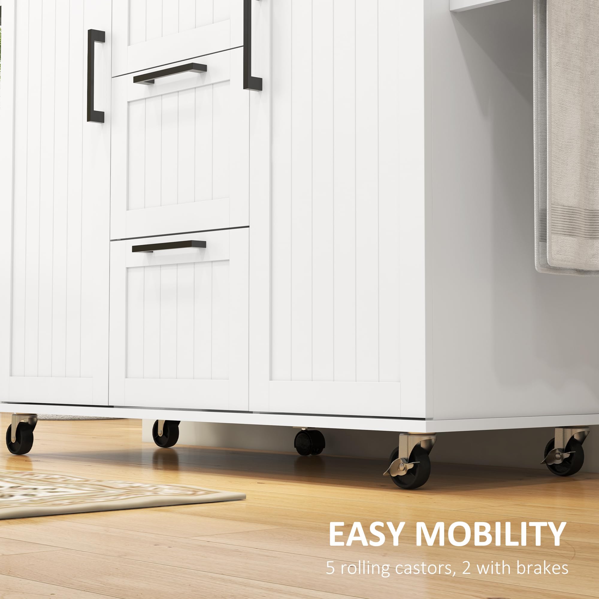 HOMCOM White Kitchen Island with Drop Leaf - Rolling Kitchen Cart on Wheels with 3 Drawers, 2 Cabinets & Natural Wood Top - Includes Spice Rack & Towel Rack - Perfect for Small Kitchens, Dining Areas & Food Prep Stations