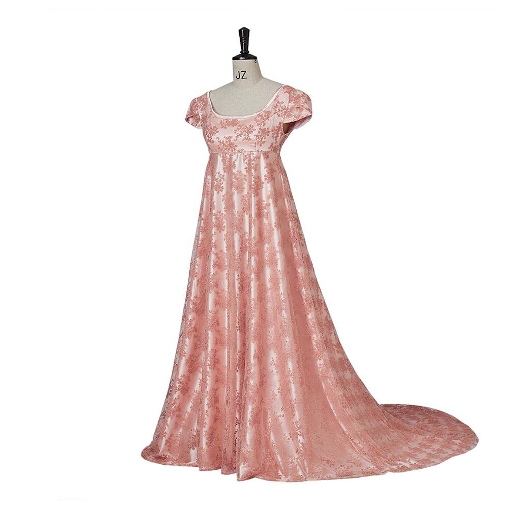 Regency Style Floral Print High Waist Dress for Women - Elegant Long Sleeve Ball Gown with Gloves | Perfect for Bridal Shower, Tea Party & Historical Reenactment