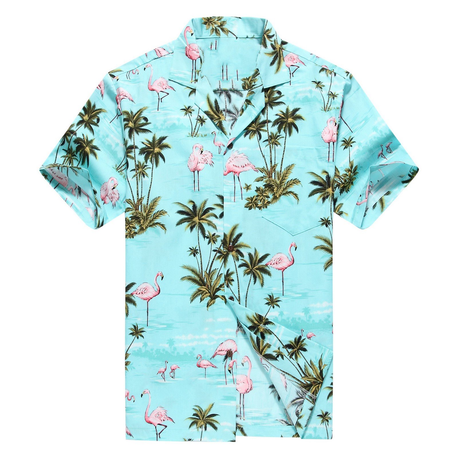 Hawaiian Couple Matching Aloha Shirts - Pink Flamingo Print on Turquoise Fabric - Made in Hawaii for Luau Parties, Beach Vacations & Tropical Date Nights