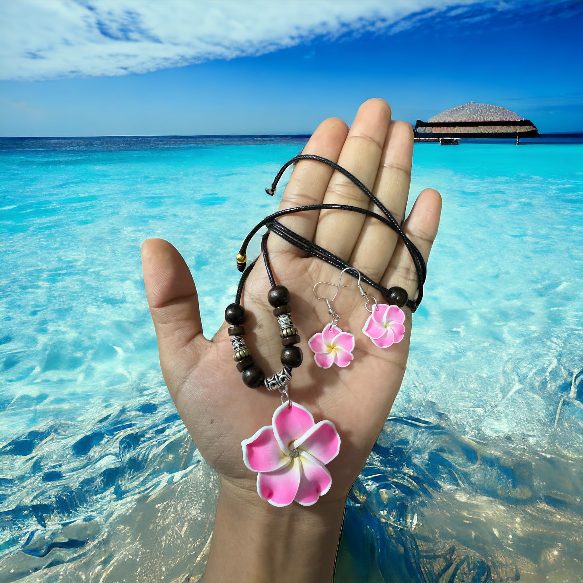 Hawaiian Plumeria Flower Jewelry Set - Pink Flower Necklace & Earrings for Women & Girls, Tropical Hawaiian Style Fashion Accessories | Perfect for Beach Vacations, Luau Parties & Summer Outfits
