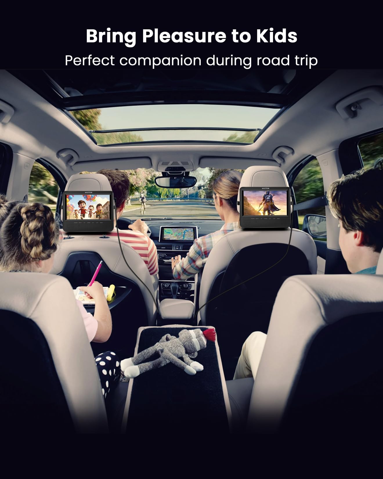 WONNIE 7.5 Inch Portable Car DVD Player - Dual Screen Playback with Headrest Strap, Supports Last Memory Function, AV Out/In, USB/SD Compatibility, All Region Free - Perfect for Road Trips & Family Travel Entertainment