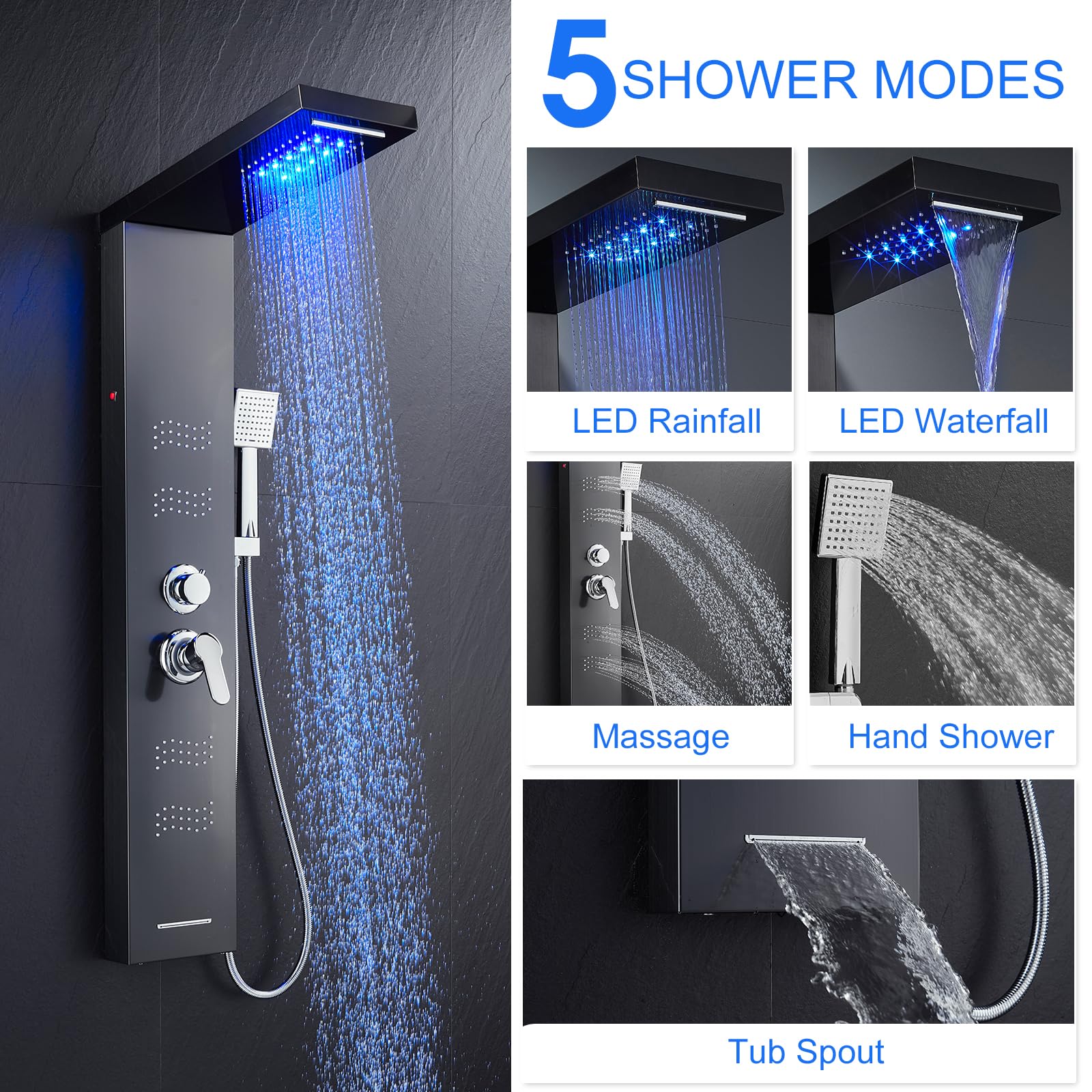 Premium Black Stainless Steel 5-in-1 LED Shower Panel Tower System with Rainfall Shower Head, Waterfall Spray, Body Jets & Handheld Shower - Luxury Bathroom Upgrade for Spa-Like Experience at Home