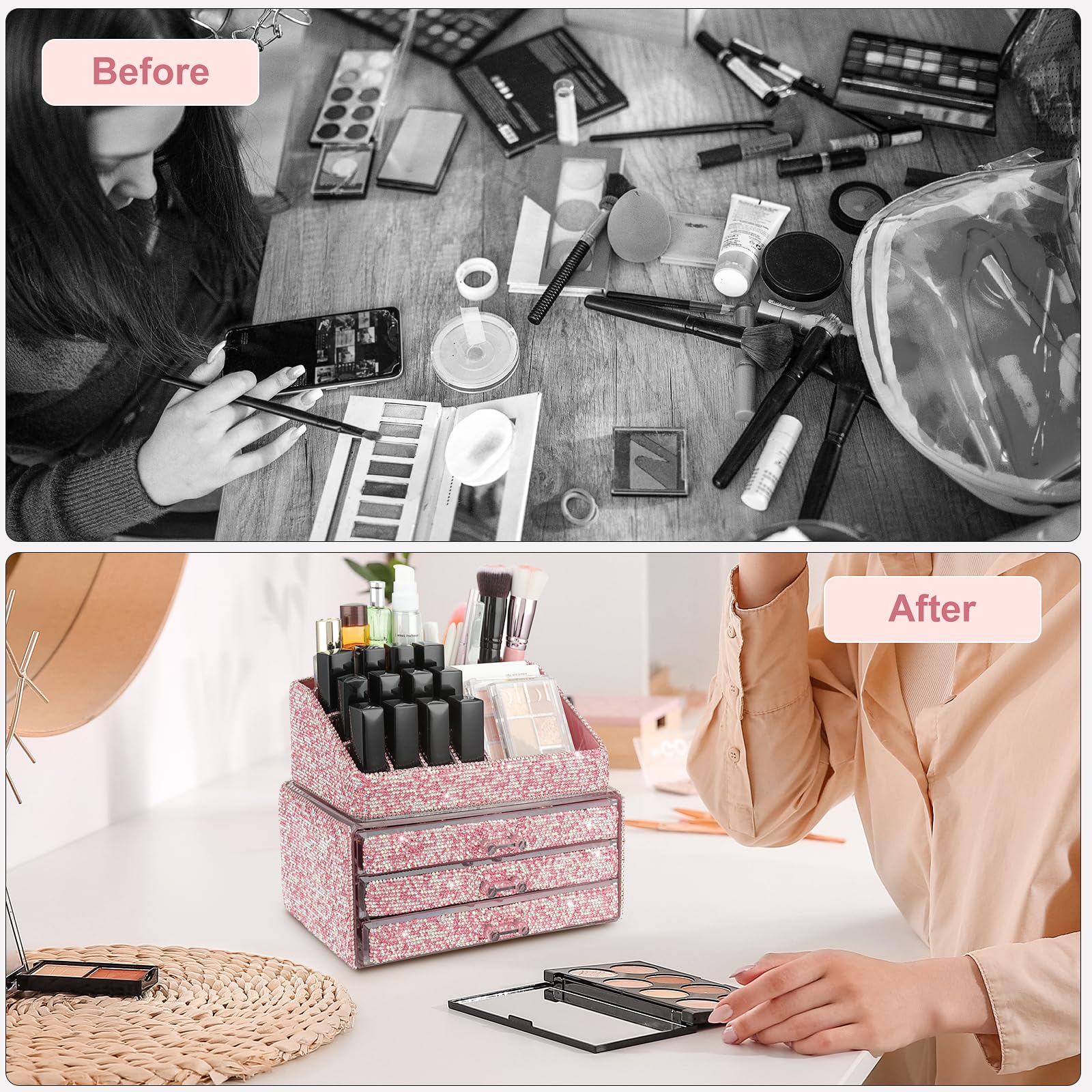 KEYPOWER Bling Diamond Makeup Organizer Drawer Set - 2 Piece Pink Cosmetic Storage Box with Jewelry Display & Brush Holder | Handmade for Vanity, Bathroom, or Dresser Countertop Organization