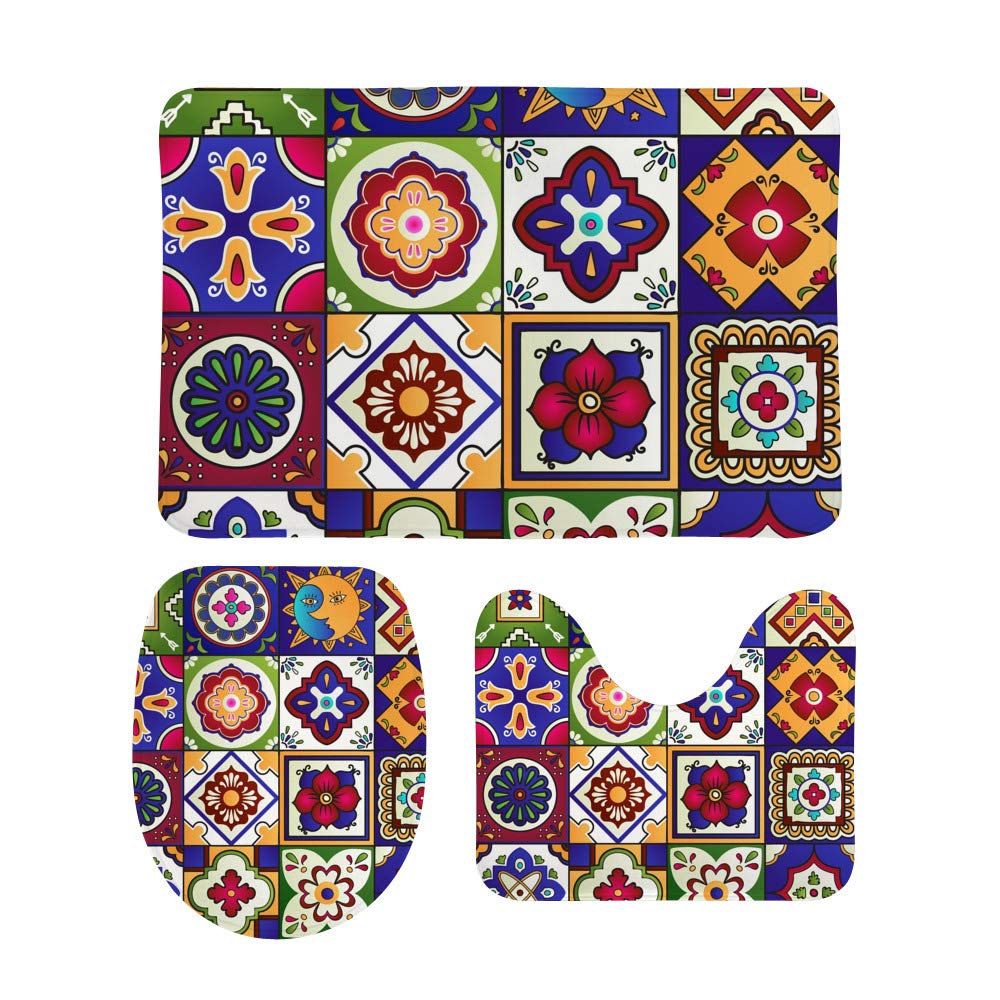 Non-Slip Bathroom Rugs Set of 3 - Absorbent Shower Mats with Mexican Talavera Sun & Moon Pattern - Soft Toilet Floor Carpet & Doormat - Machine Washable for Bathroom, Shower, and Entryway Decor