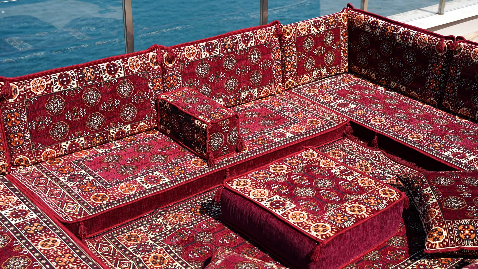 U-Shaped Arabic Sofa Set - Maroon Floor Cushions for Majlis & Home Decor