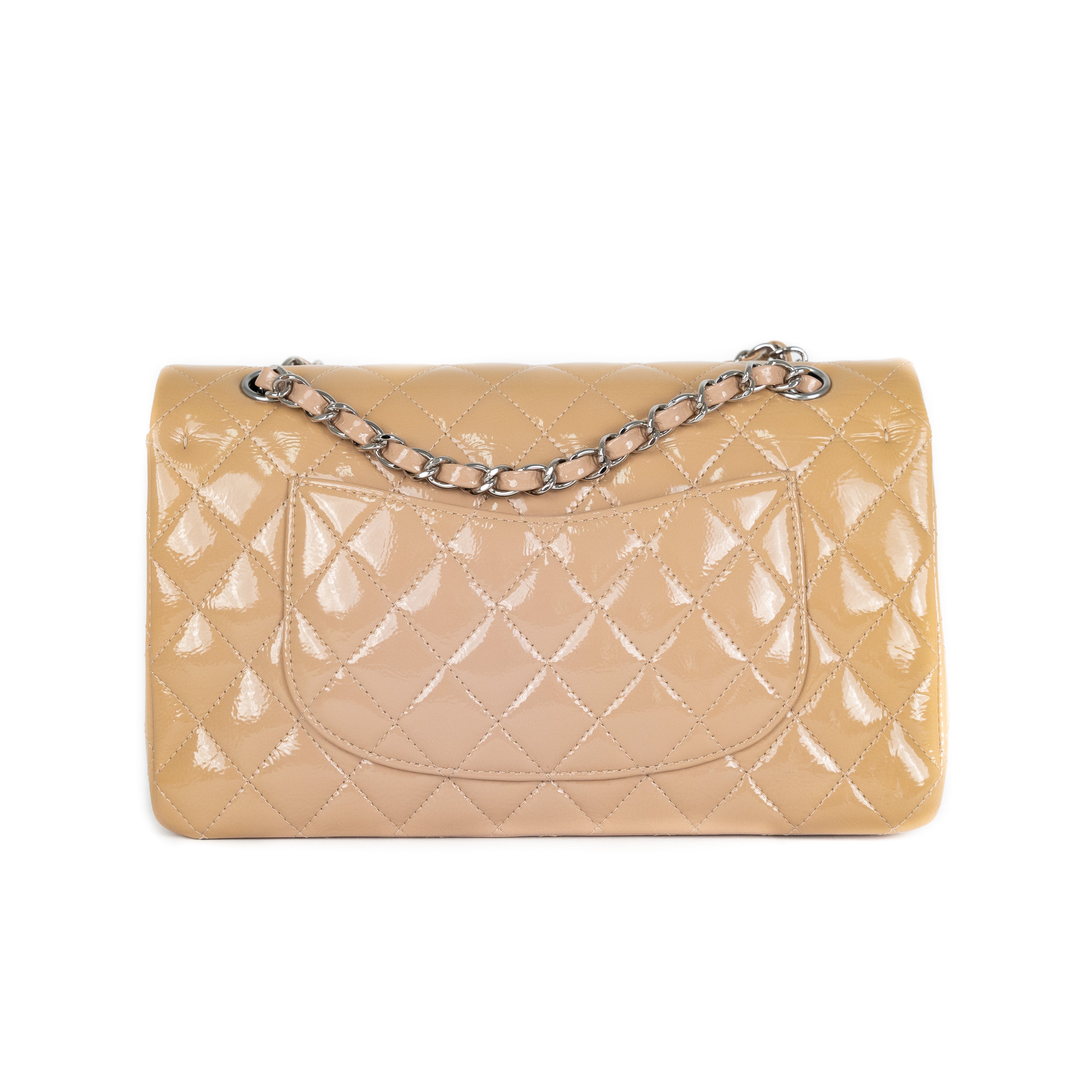 Chanel Patent Leather Medium Classic Flap Bag in Beige | Luxury Designer Handbag for Women | Perfect for Work, Evening Events & Special Occasions