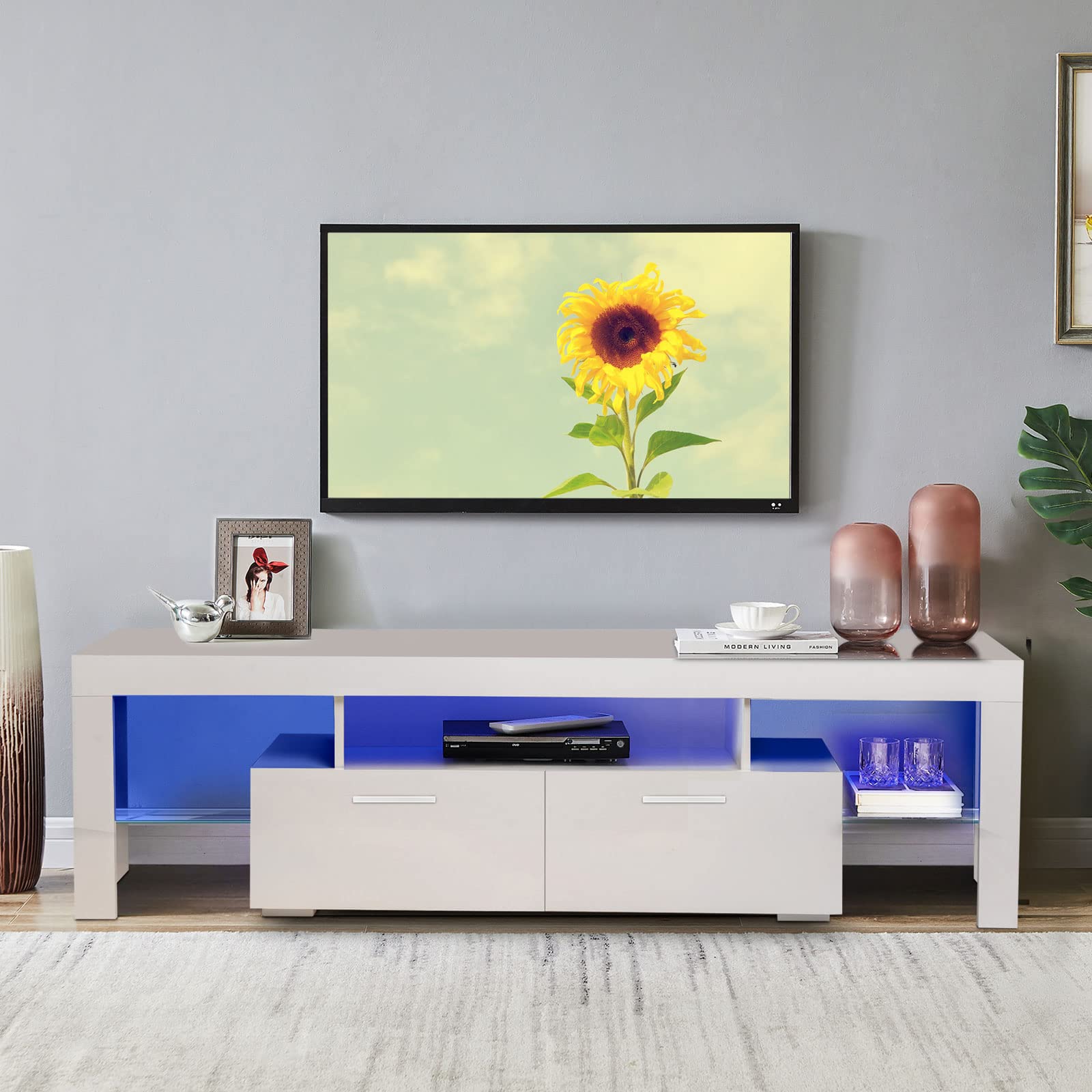 Modern LED TV Stand with 20-Color Remote Control Lights - High Gloss 70 Inch Entertainment Center with Storage Shelves & 2 Drawers - Living Room TV Cabinet for Home Theater & Gaming Setup (White)