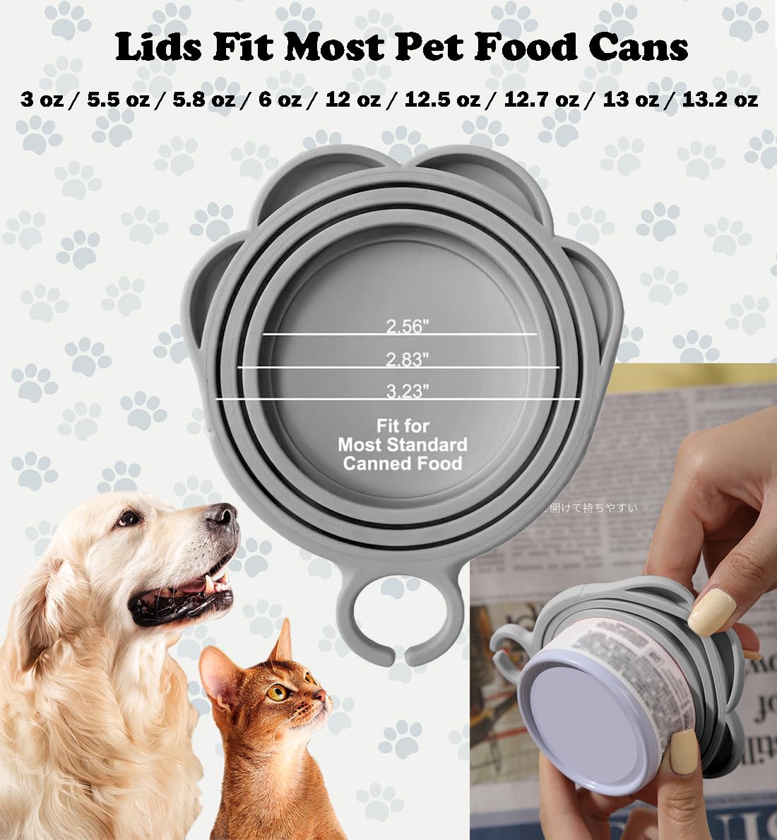 **Paw Print Silicone Pet Can Lids & Spoons Set - Airtight Wet Food Covers for Dog & Cat Cans, Can Opener & Food Spatula for Easy Feeding - Perfect for Wet Food, Lickable Treats & Travel Use (Grey)**