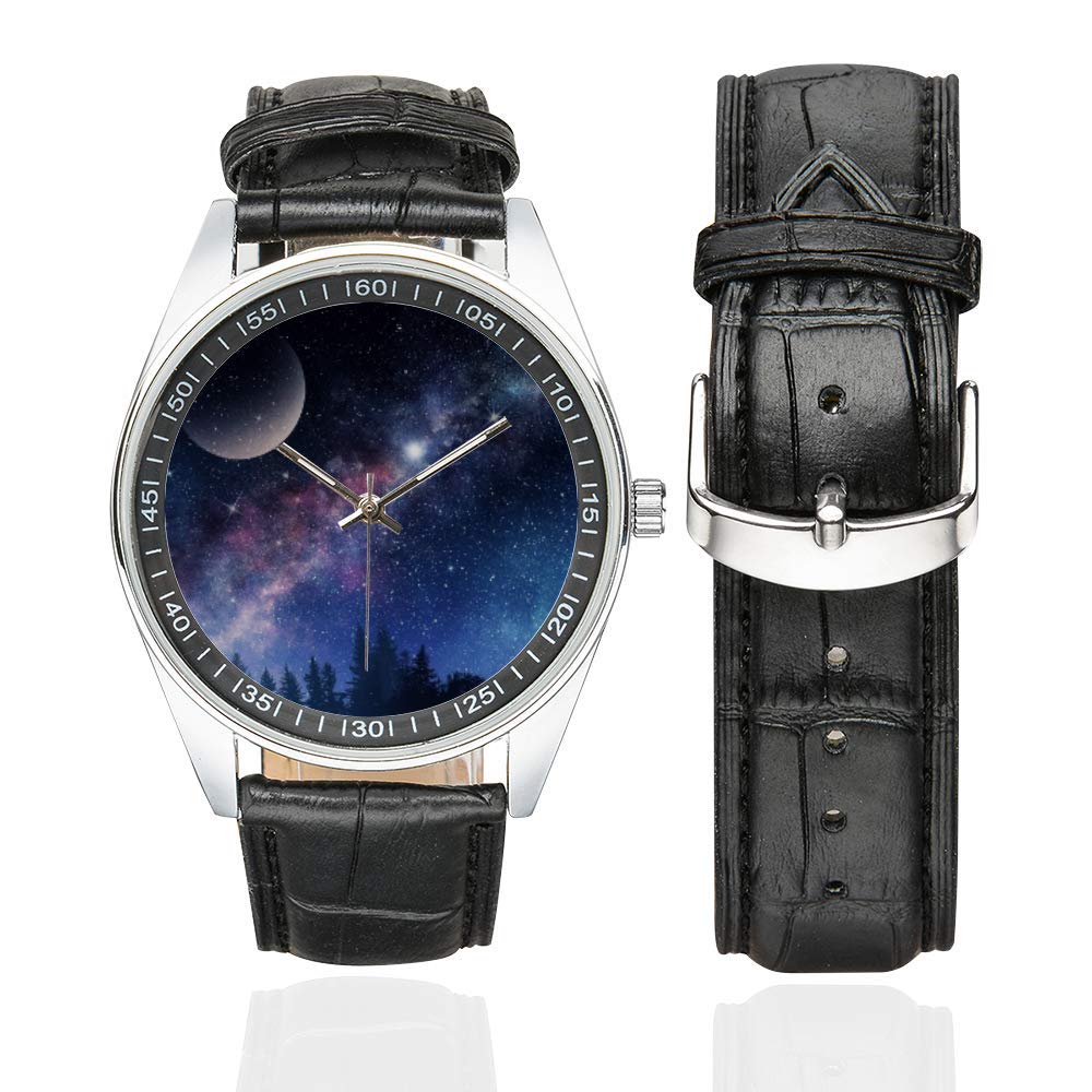 Starry Night Galaxy Watch for Men - Waterproof Stainless Steel & Leather Strap - Perfect for Outdoor & Casual Wear