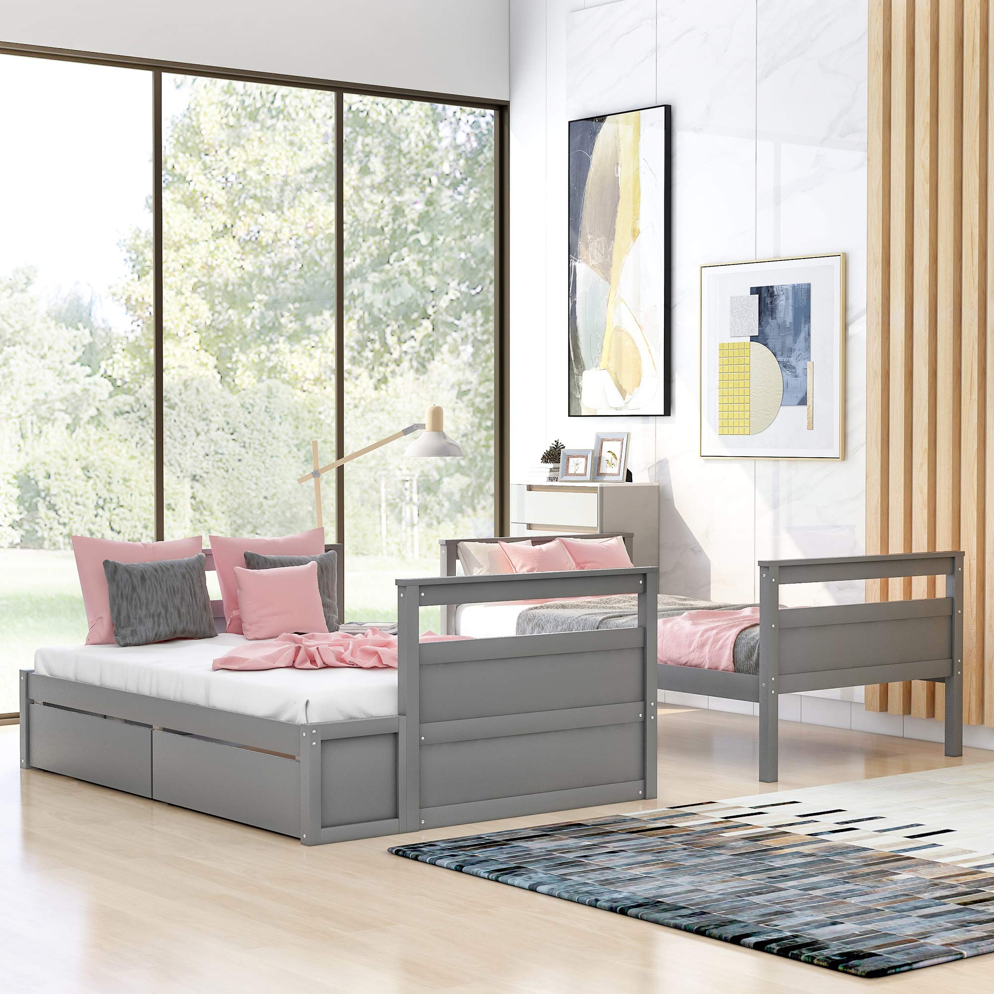 SOFTSEA Twin Over Full Bunk Bed with Storage Drawers - Sturdy Wooden Bunk Bed Frame with Safety Ladder & Guardrails for Kids & Teens - Converts to 2 Separate Beds (Grey) - Perfect for Small Bedrooms, Guest Rooms & Kids' Shared Spaces - No Box Spring Required