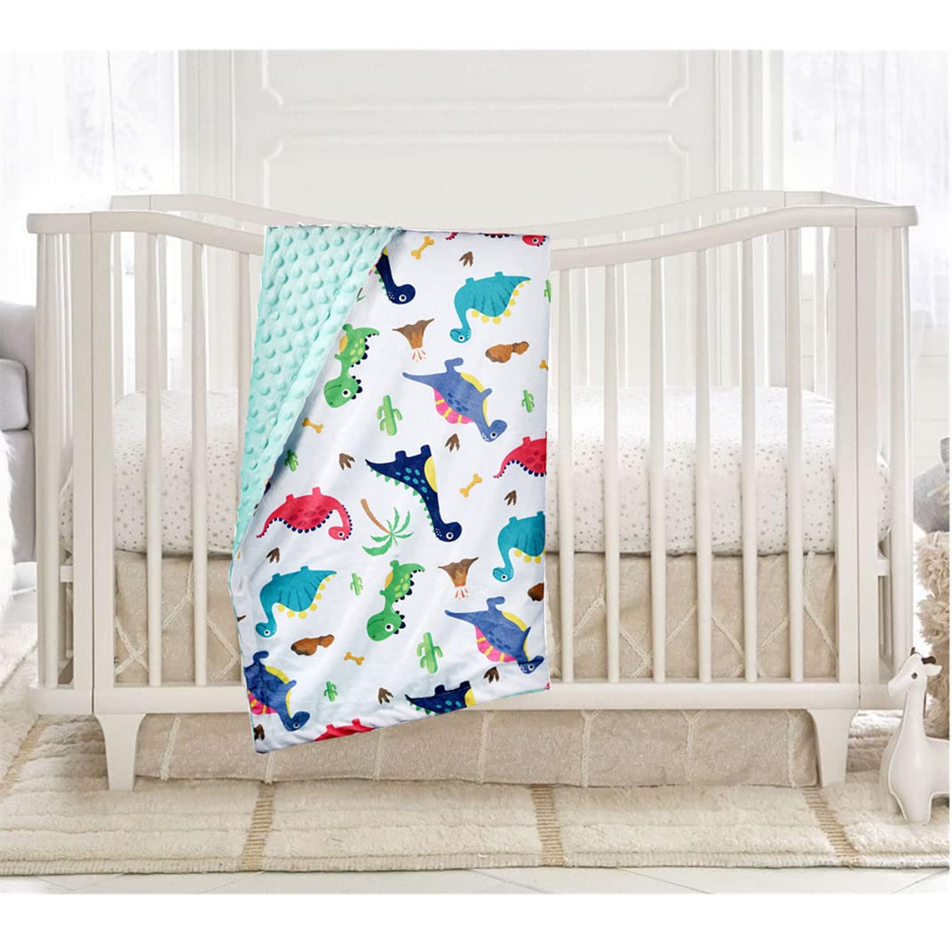 Super Soft Baby Minky Blanket - Blue Rainbow Dinosaur Print with Dotted Backing | 30x40 Inch Nursery Blanket for Newborns, Toddlers, Boys & Girls | Perfect for Crib, Stroller, Swaddling & Gift Giving