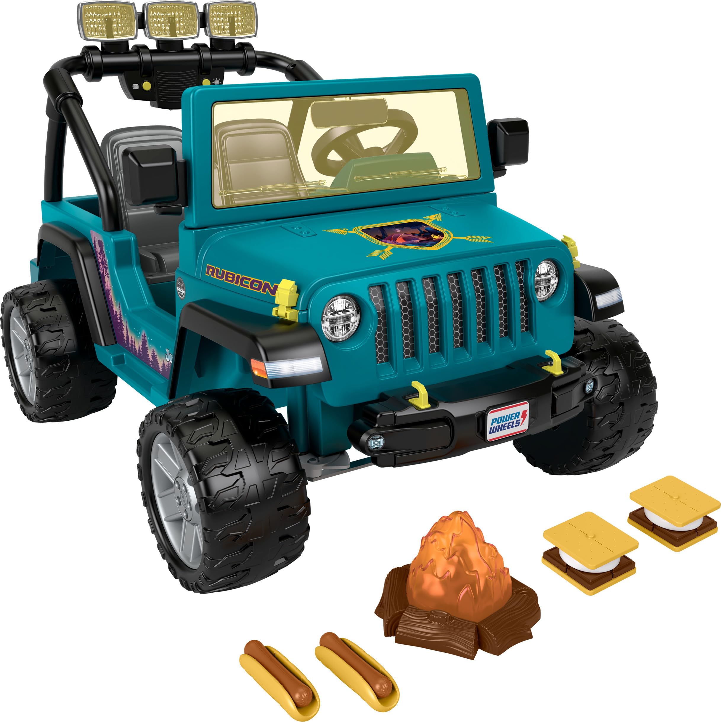 Power Wheels Camping Jeep Wrangler Ride-On Toy for Kids with Pretend Food & Camping Gear - 12V Battery-Powered, LED Lights, 2-Seater, Ages 3-7 Years - Perfect for Outdoor Play, Backyard Adventures & Pretend Camping Fun
