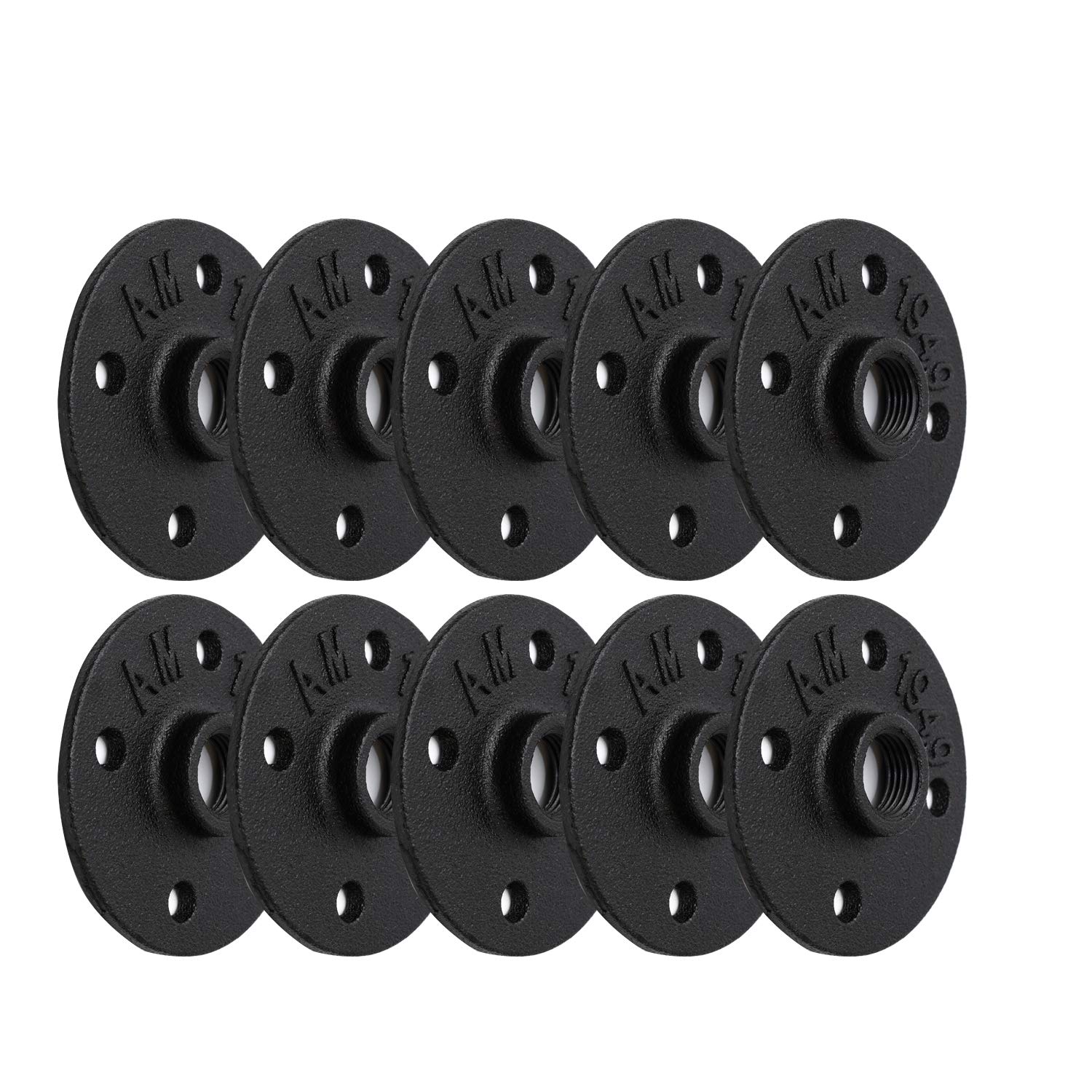 1/2 Inch Black Painted Iron Pipe Floor Flange - 10 Pack with 4 Bolts & Threaded Holes - Industrial Vintage Style for DIY Furniture, Shelving & Home Decoration - Perfect for Pipe Railings, Table Bases & Wall Mounting Projects