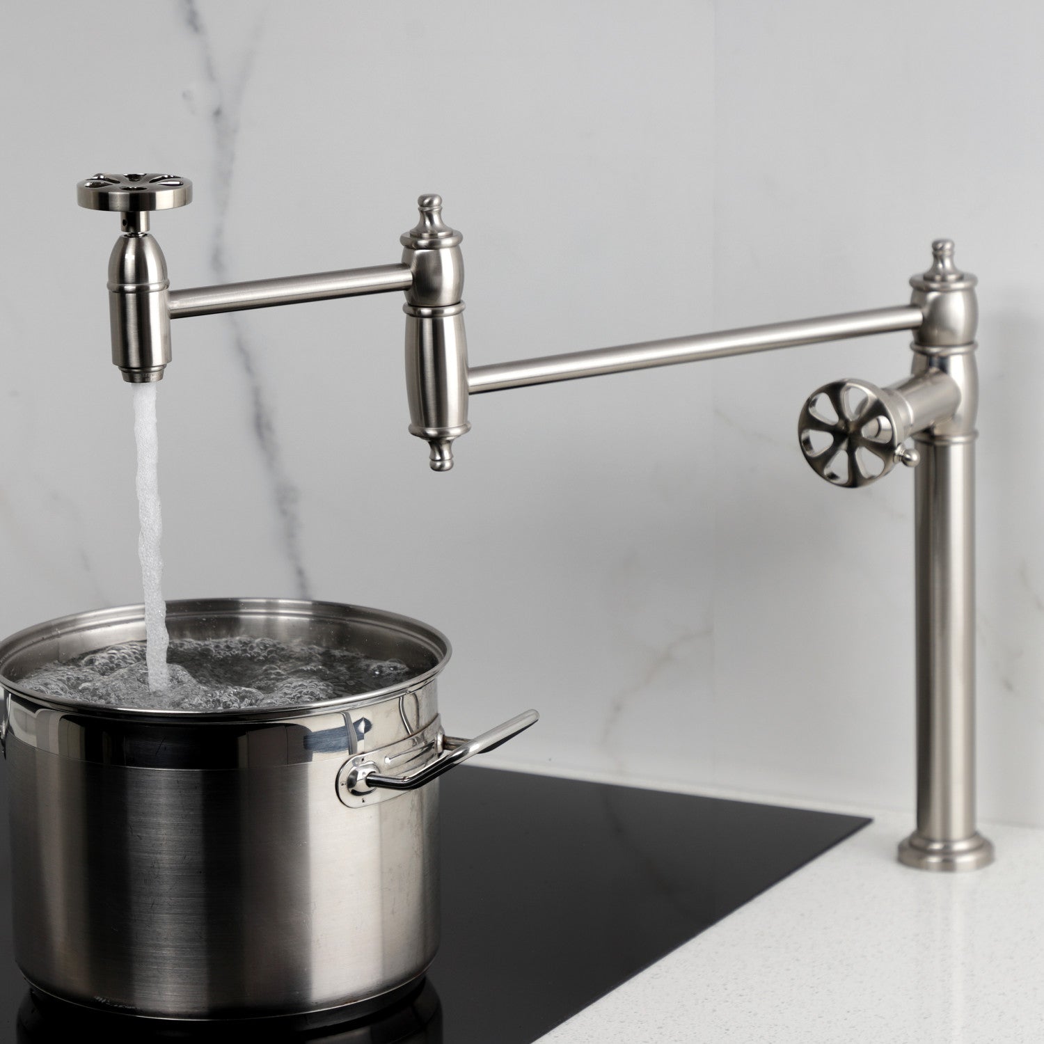 Belknap KS3708RX Brushed Nickel Two Handle Deck Mount Pot Filler Faucet - Ideal for Kitchen Sink, Stove, and Cooking Area