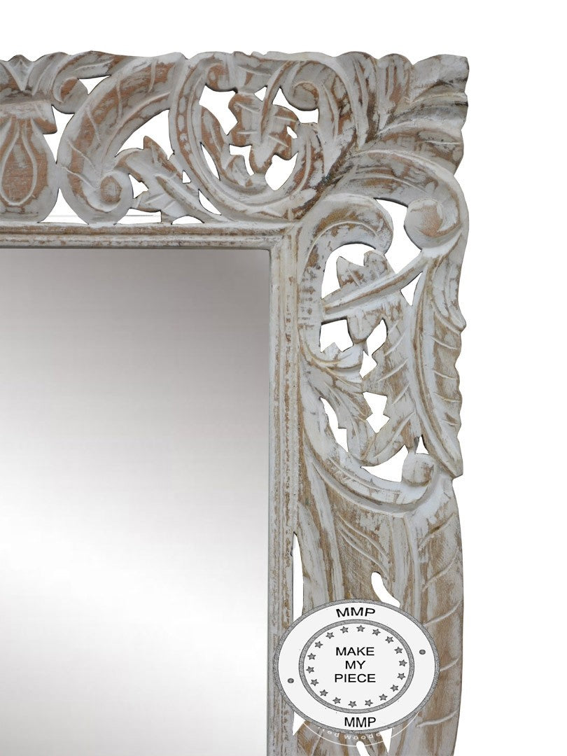 Hand Carved Mirror in White - 60x120 Inches Elegant Wooden Frame - Perfect for Bedroom, Living Room, or Entryway Decor