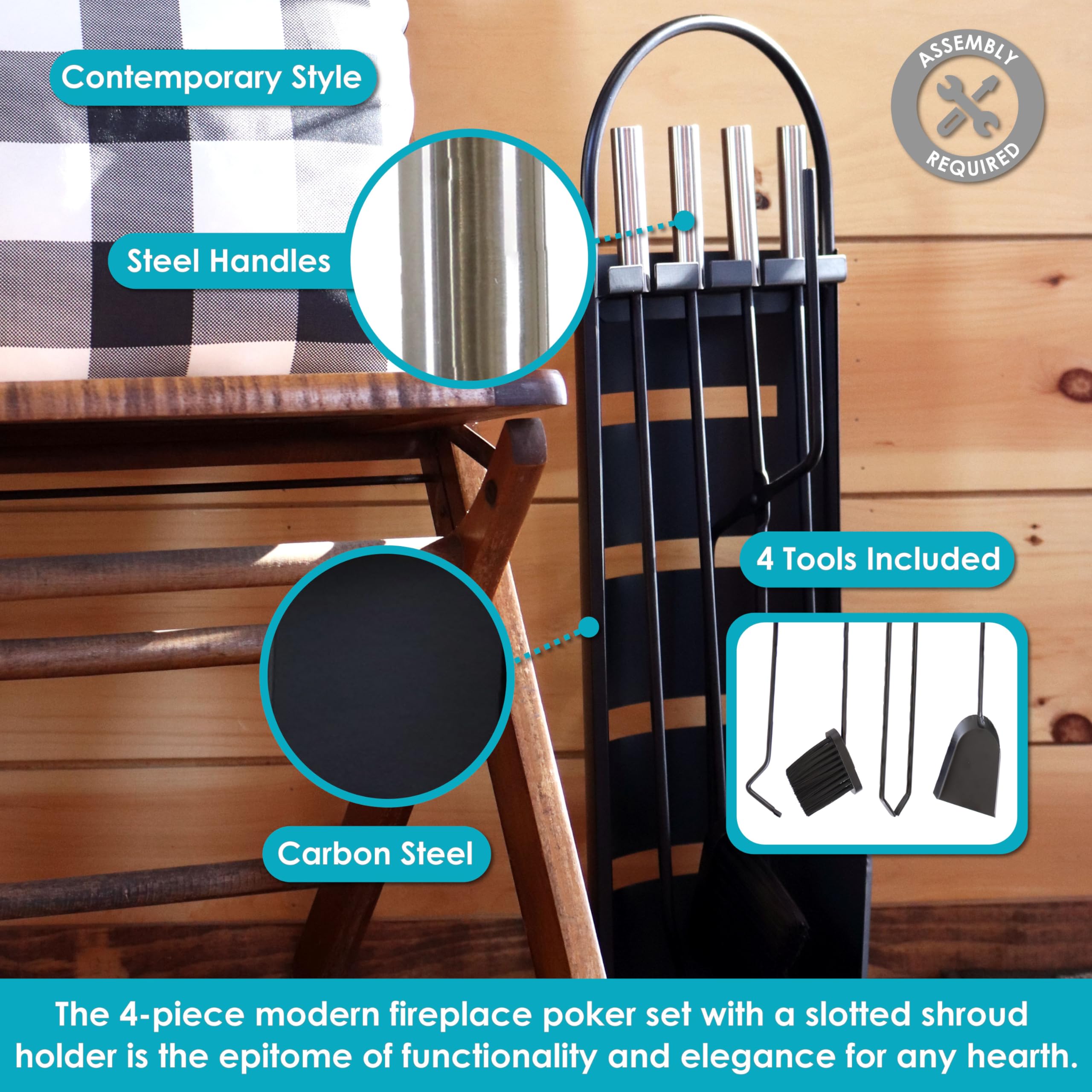 Sunnydaze 4-Piece Fireplace Tool Set with Stand - Heavy Duty Steel Fireplace Accessories with Poker, Brush, Shovel & Hanger - Perfect for Indoor Fireplace, Hearth & Wood Stove Maintenance