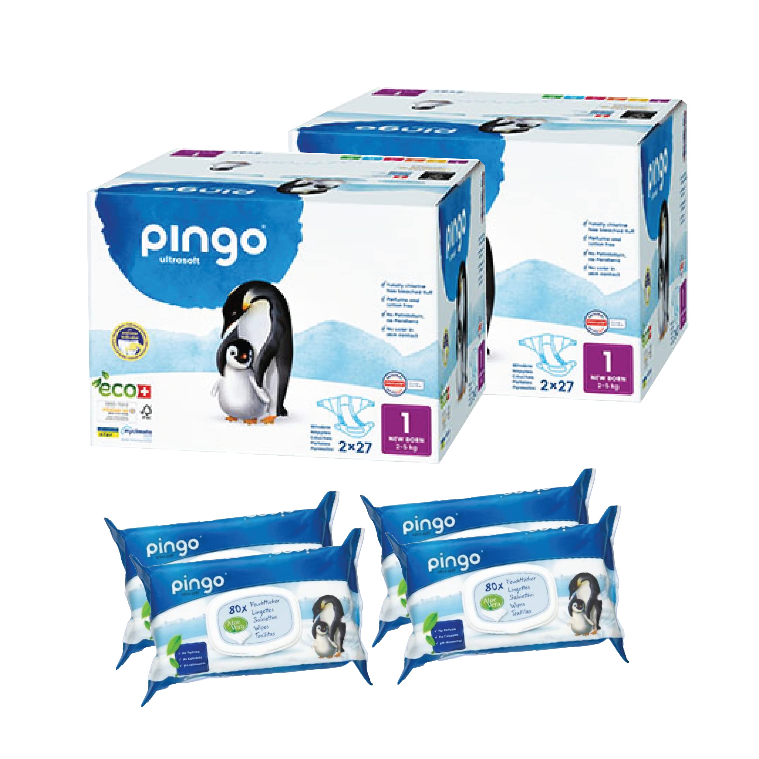 Pingo Organic Disposable Premium Diapers - Size 1 for Newborns (4.4-11 lbs) - 108 Count + 320 Sensitive Aloe Vera Wipes - 1 Month Supply - Hypoallergenic & Eco-Friendly - Perfect for Baby Shower Gifts & Daily Nursery Use