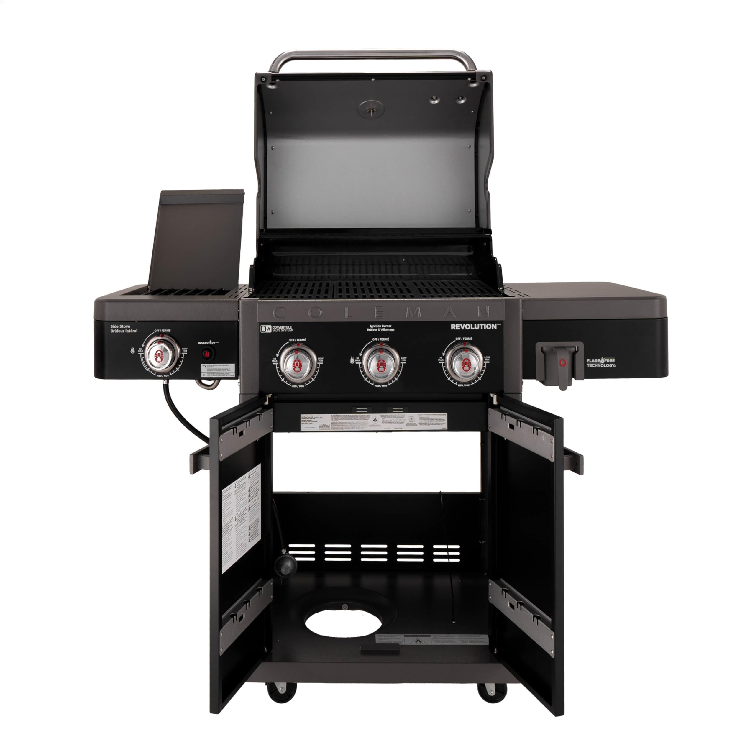 **Coleman Revolution 3-Burner 45,000 BTU Portable Propane Gas Grill with Side Burner – 650 Sq. In. Cooking Surface, Flare-Free Grates & 4-Wheel Cart – Black/Gray – Ideal for Camping, Tailgating & Backyard BBQs**