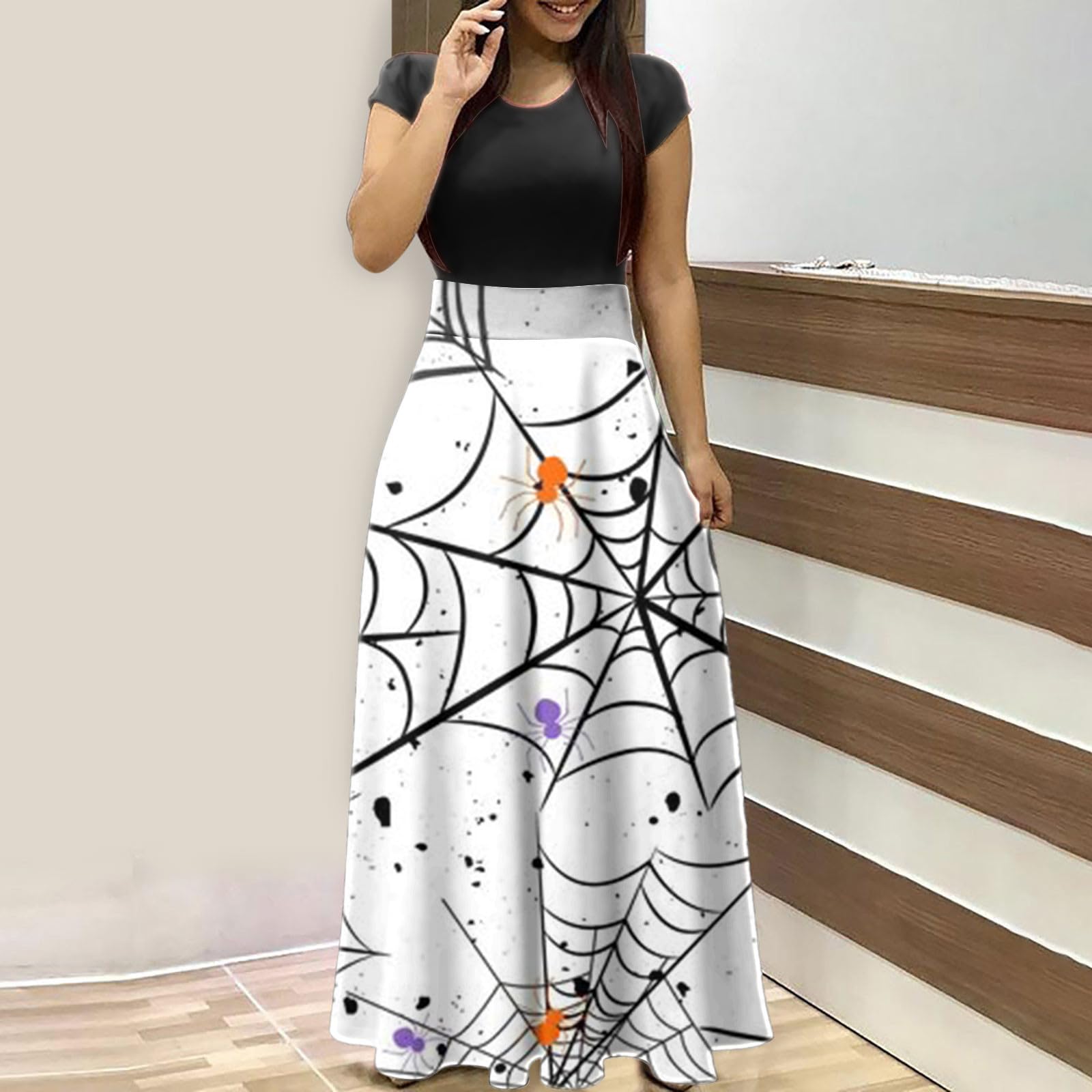 Yihaojia Women's Halloween Print Maxi Dress - Short Sleeve Plus Size Loose Fit Casual Sundress for Beach, Party & Everyday Wear | Amazon Prime Deals & Warehouse Discounts