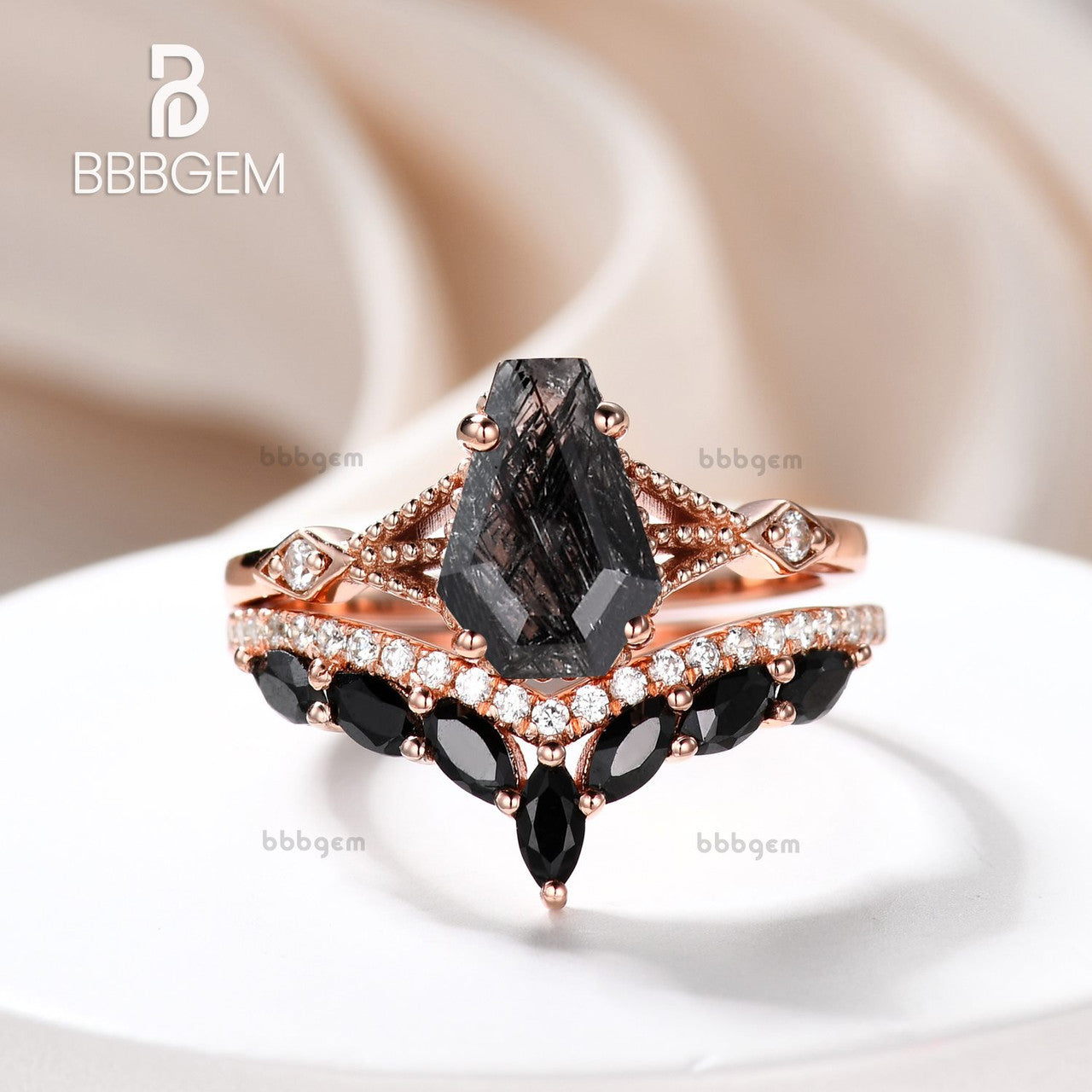 Gothic Skull Coffin Ring Set - Blue Goldstone Engagement Ring & Black Spinel Wedding Band for Alternative Couples, Dark Romance Jewelry Gift for Halloween, Vampire Themed Weddings