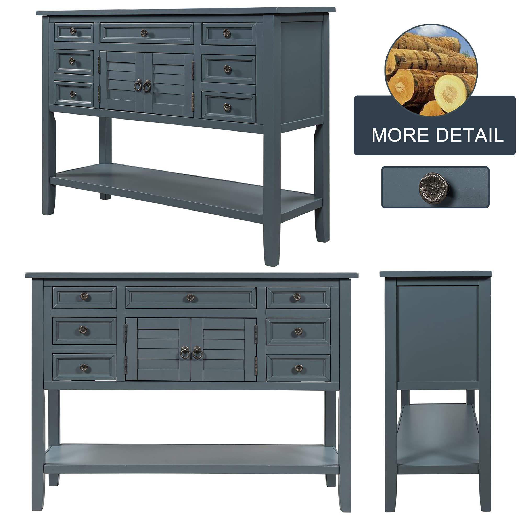Amposei 45 Inch Modern Wooden Buffet Table with 7 Drawers & Open Shelf - Entryway Console Table, Sofa Table, Sideboard Storage Cabinet for Living Room, Kitchen, Bedroom, Hallway (Blue) | Perfect for Home Decor, Dining Room Storage & Small Space Organization