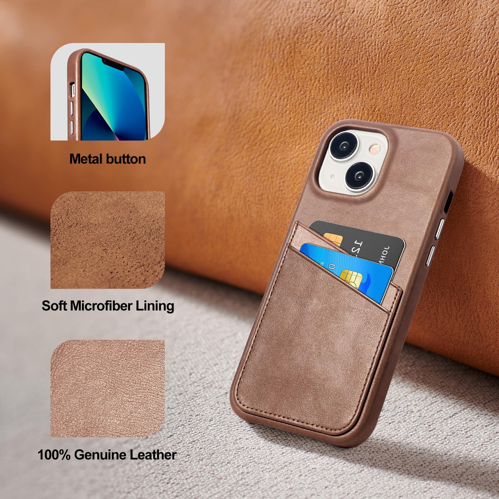 Genuine Leather Wallet Case for iPhone 13 with Card Holder - Shockproof Protective Phone Purse for Women & Men - Dark Brown Metal Button Bumper Cover - Perfect for Everyday Use, Travel & Business Meetings