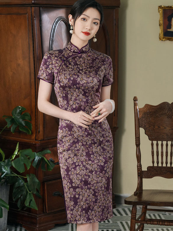 Elegant Purple Floral Print Cheongsam Qipao Dress for Women - Vintage Chinese Style Mother's Day Gift & Special Occasion Wear