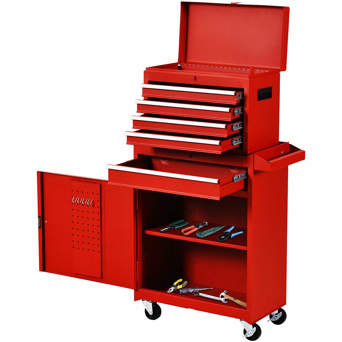 2-Piece Red Portable Removable Tool Chest Cabinet with 5 Sliding Drawers & 2 Trays - Large Bottom Cabinet & Top Box Drawer Organizer for Garage, Mechanics, Craftsman, Home & Warehouse - Perfect for Tool Storage & Workshop Organization