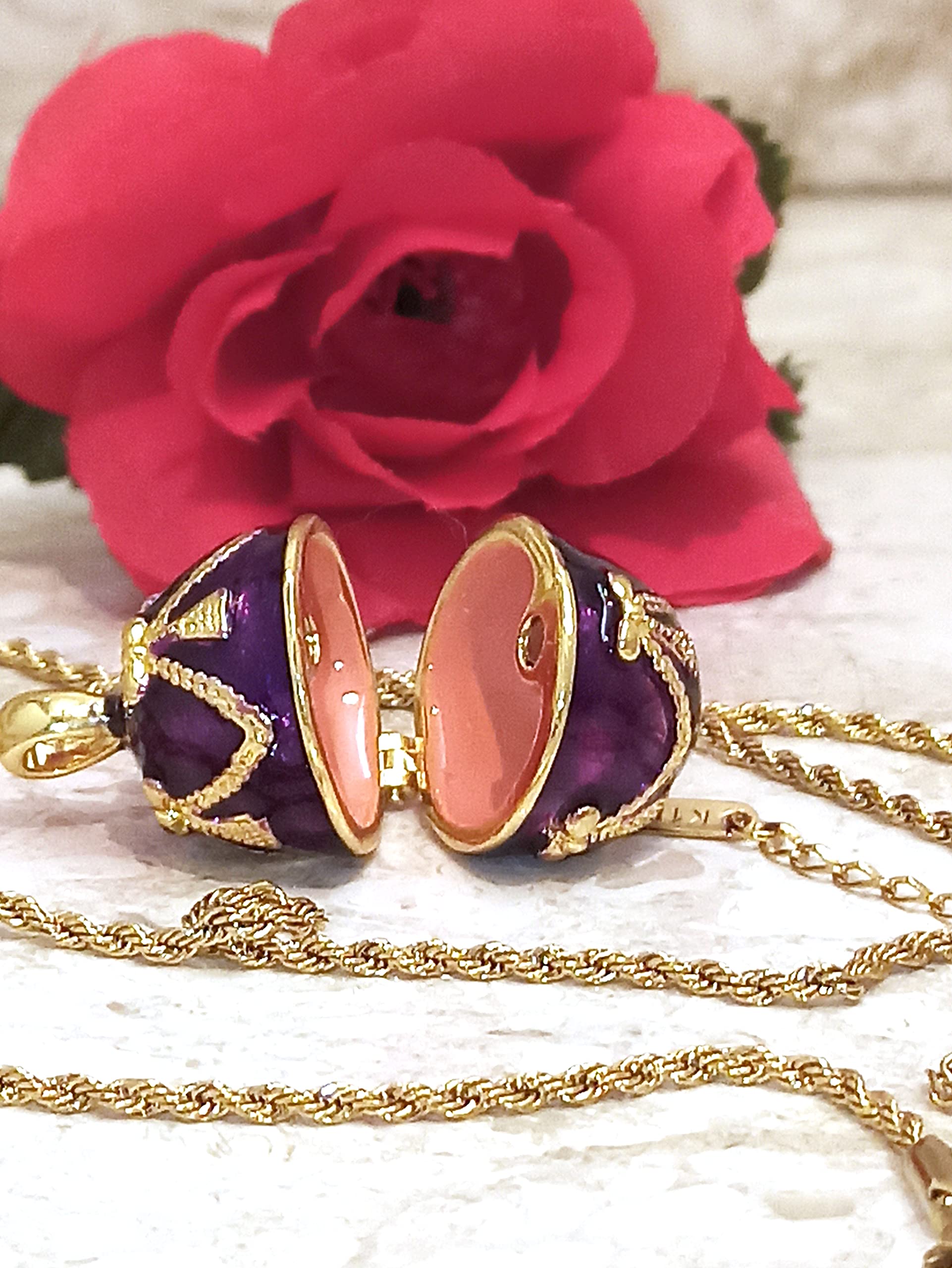 Handmade 24k Gold Plated Amethyst Faberge Egg Pendant Necklace & Bracelet Set - Russian Style Purple Jewelry Gift with 23.5