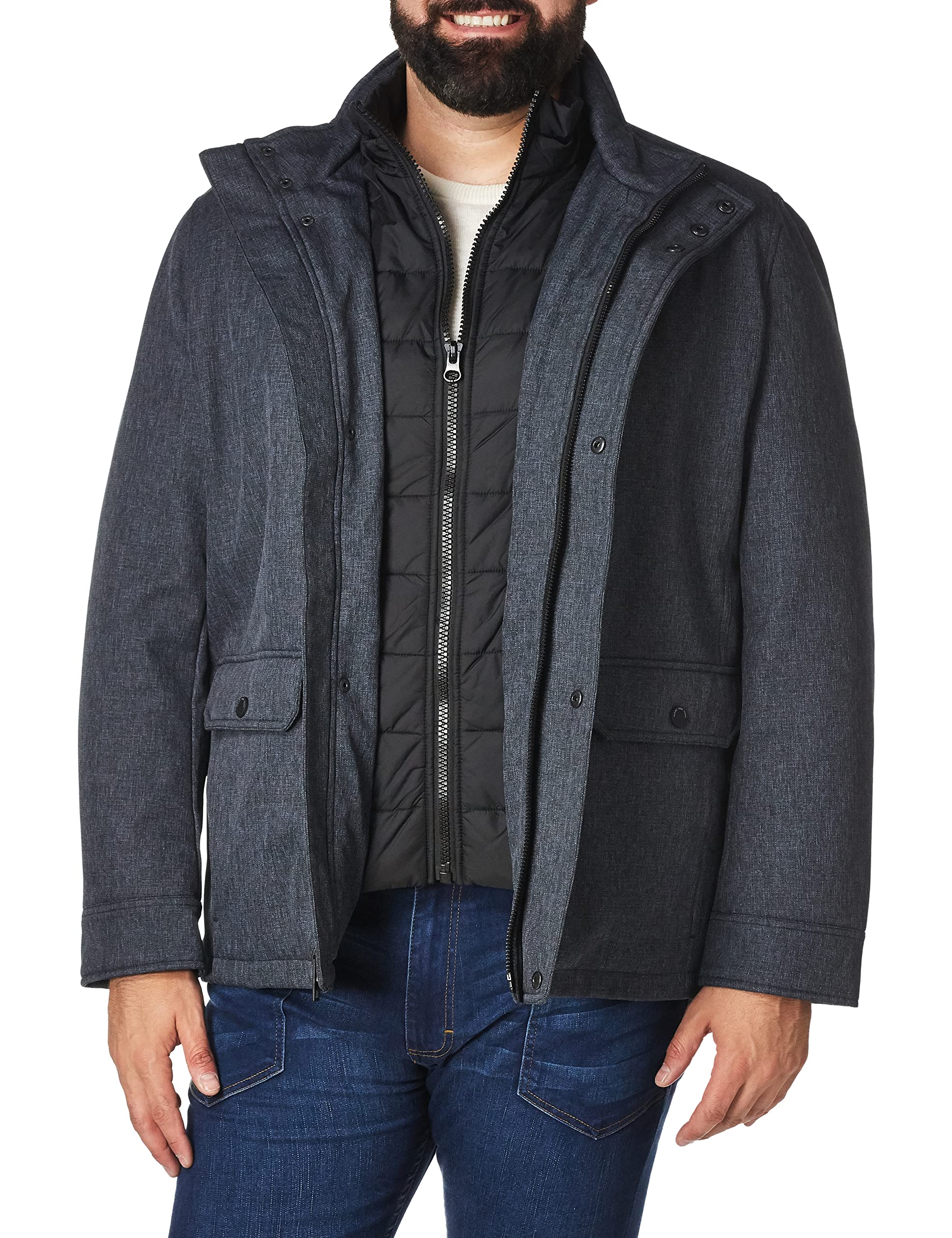 Andrew Marc Men's Legacy Mullins 30 Melange Tech Funnel Collar Jacket with Quilted Bib - Water-Resistant Winter Coat for Outdoor Activities & Urban Style