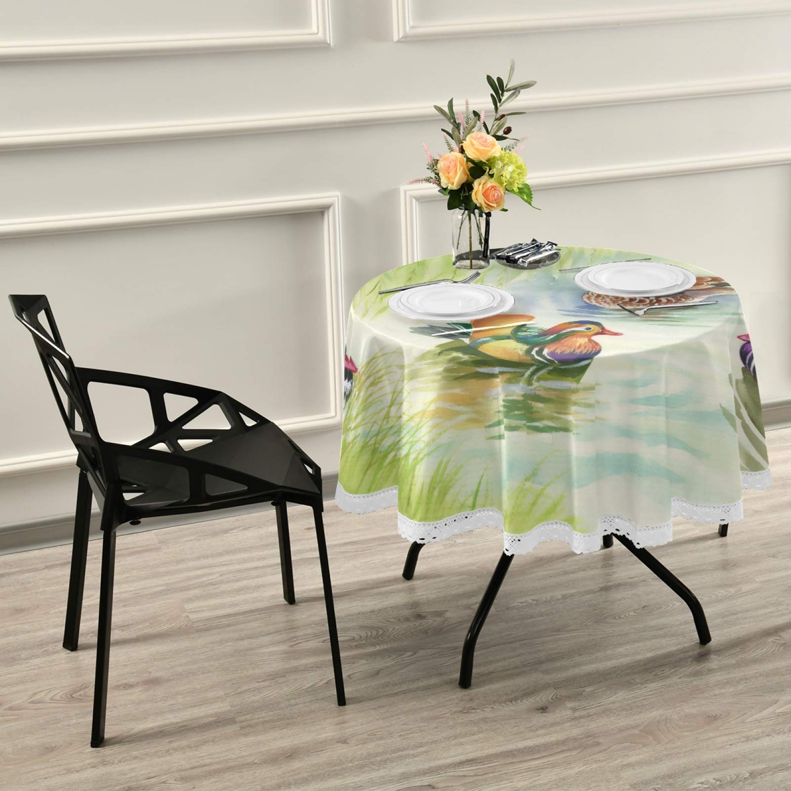 ALAZA 60 Inch Round Rainbow Duck Green Tree Tablecloth - Washable Polyester Lace Table Cover for Kitchen, Party, Picnic & Dining Decor | Perfect for Outdoor Events, Holiday Gatherings & Home Decoration