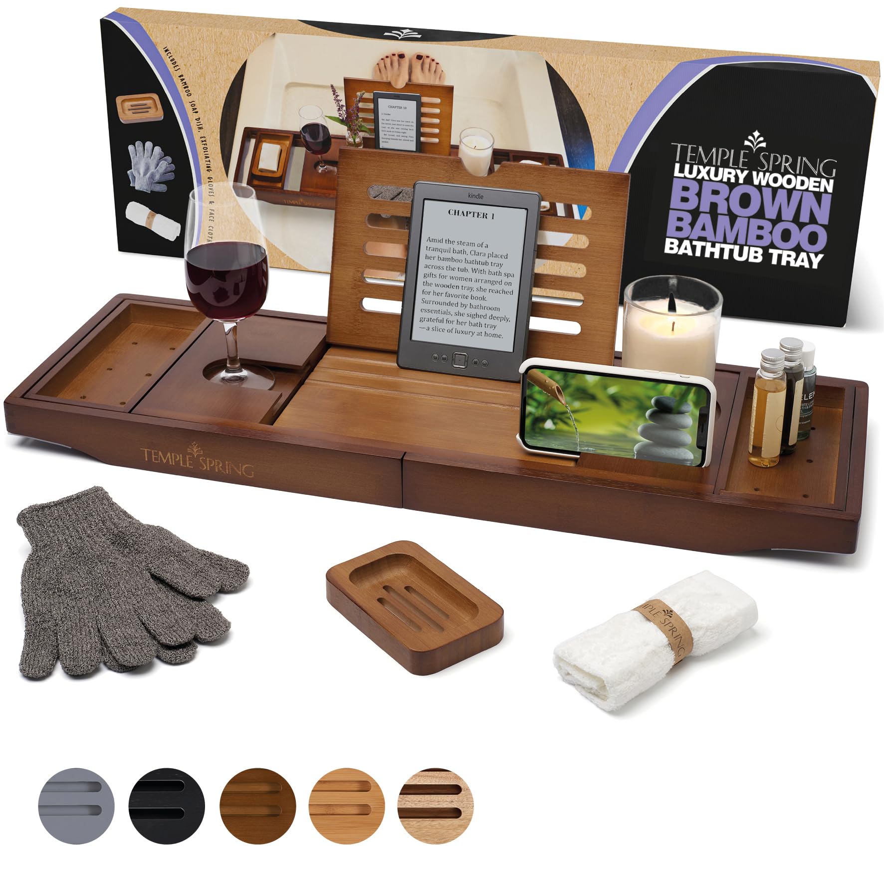 Premium Bamboo Bathtub Tray - Natural Wooden Bath Caddy with Non-Slip Design for Spa Relaxation, Bathroom Essentials & Home Decor - Perfect for Reading, Wine Glass Holder & Bath Accessories Organization (Wood Brown)