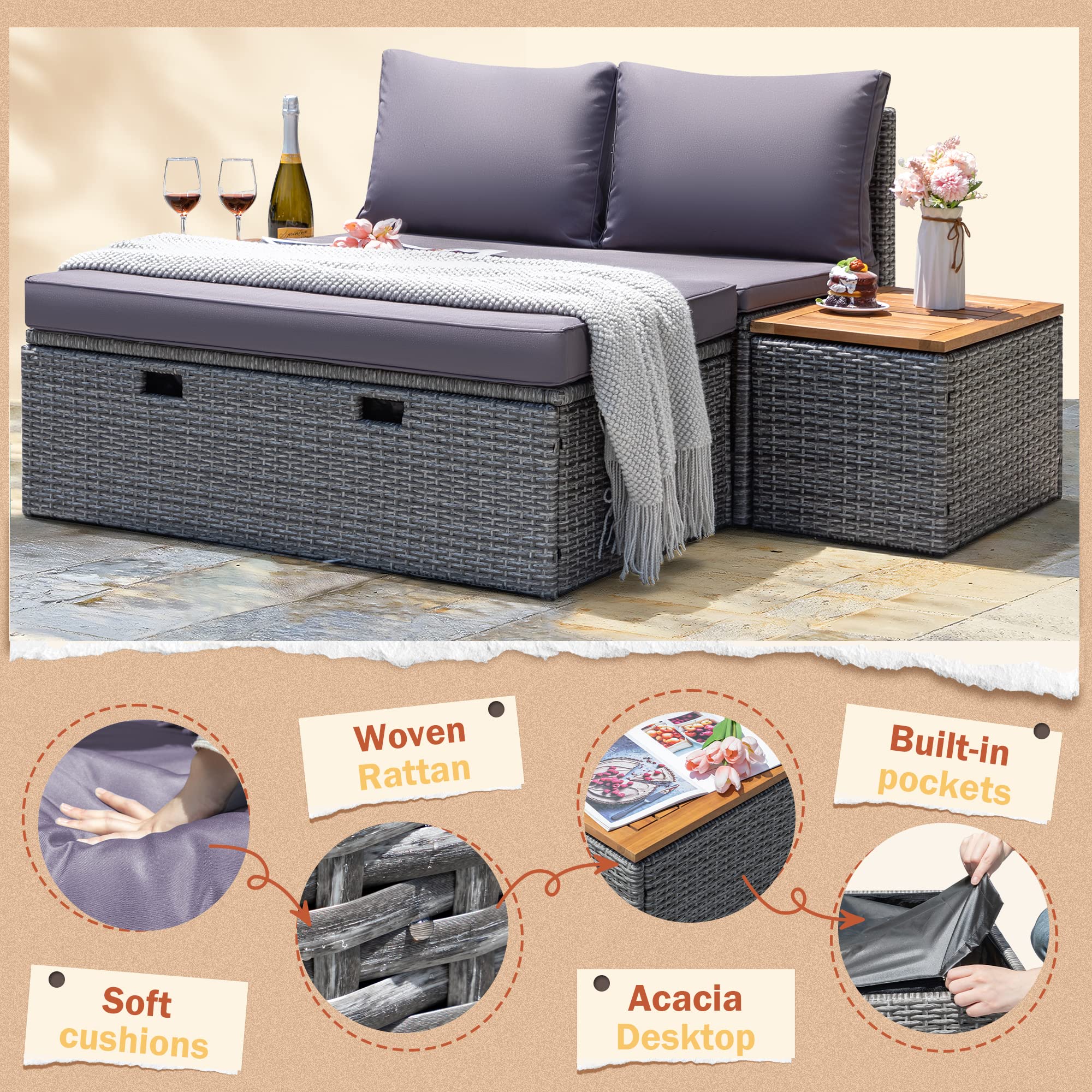 Greesum 7-Piece Outdoor Patio Furniture Set, Multifunctional Wicker Sectional Sofa with Cushions, Chaise Lounge, Storage Ottoman & 2 Side Tables - Perfect for Backyard, Porch, Poolside, Garden & Lawn (Gray)