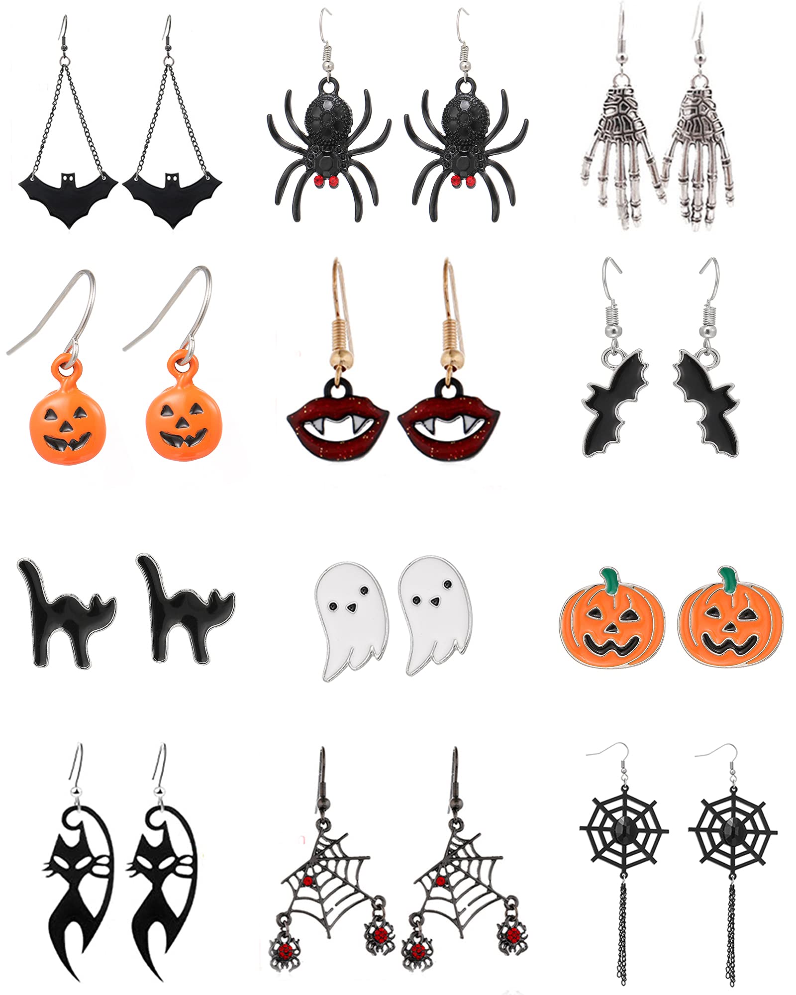 24 Pairs Halloween Stud Earrings Set - Bat, Cat, Witch, Spider Web, Pumpkin & Skull Drop Earrings for Women | Costume Party, Cosplay & Holiday Gift Accessories