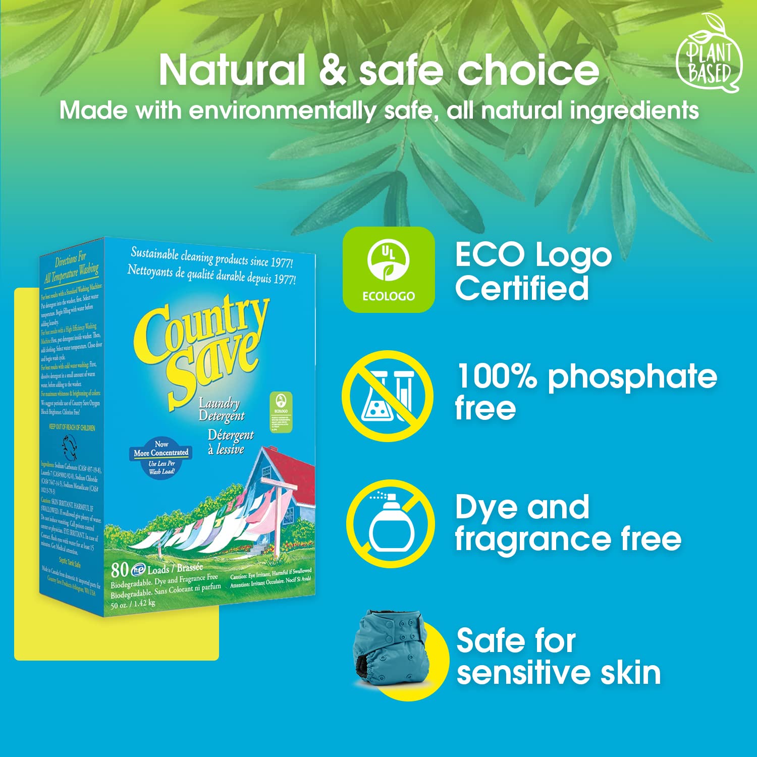 Country Save Natural HE Laundry Detergent Powder - Chemical-Free & Hypoallergenic for Sensitive Skin & Babies | Eco-Friendly, Biodegradable (5 lb Pack) - Perfect for HE Machines, Baby Clothes, & Sustainable Household Cleaning
