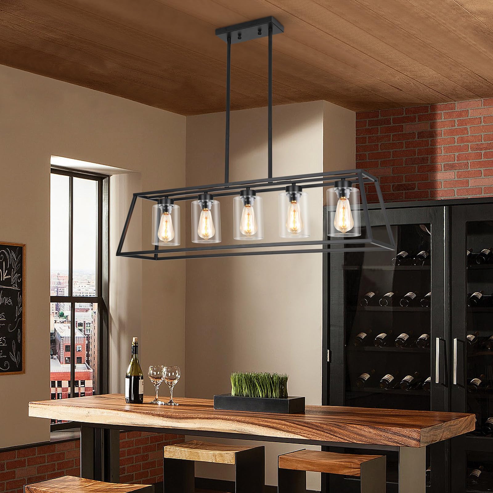 5-Light Black Farmhouse Chandelier for Kitchen Island & Dining Room - Rectangle Pendant Lighting with Clear Glass Cylinders - Perfect for Kitchen Counter, Breakfast Nook & Farmhouse Dining Areas