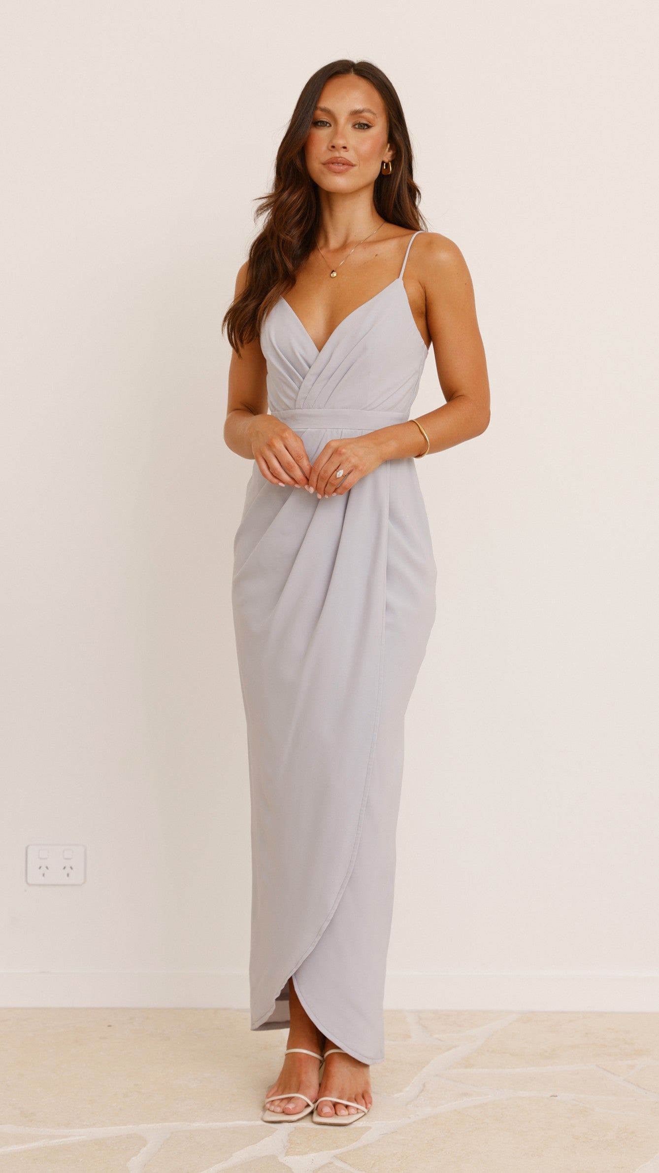 Charlotte Draped Maxi Dress - Light Grey Flowy Long Evening Gown for Women | Perfect for Weddings, Parties & Special Occasions