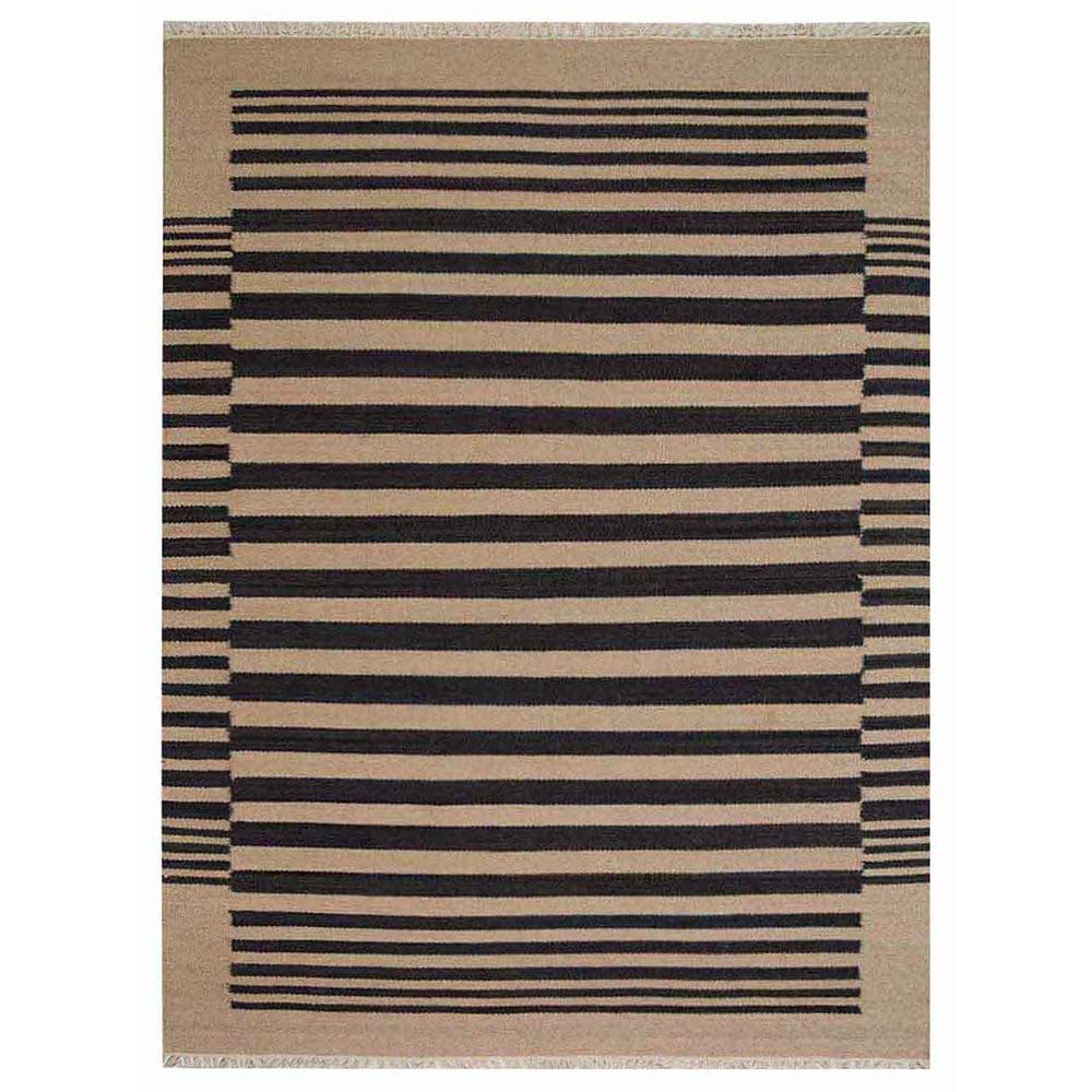 Hand Woven Flat Weave Kilim Wool Eco-Friendly Area Rugs - 5'x8' Rectangle, Cream Charcoal, Contemporary Low Pile Handmade Rug for Living Room, Bedroom & Dining Room Decor (D00125)