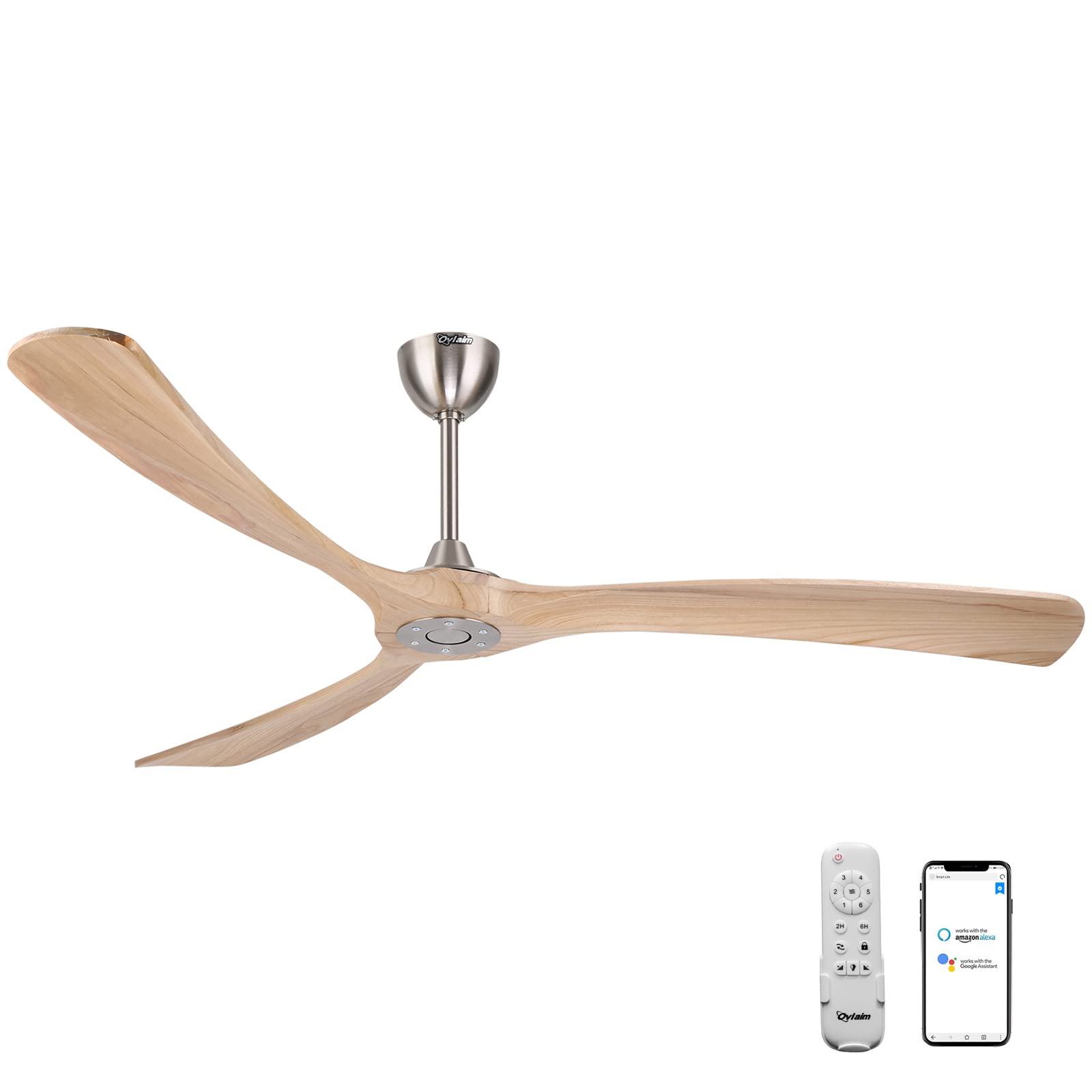 Ovlaim 72 Inch Smart Ceiling Fan No Light - DC Motor Large Wood Ceiling Fan without Light, 3 Blades for Indoor & Outdoor Use - Perfect for Living Room, Patio, Bedroom, and Office Spaces