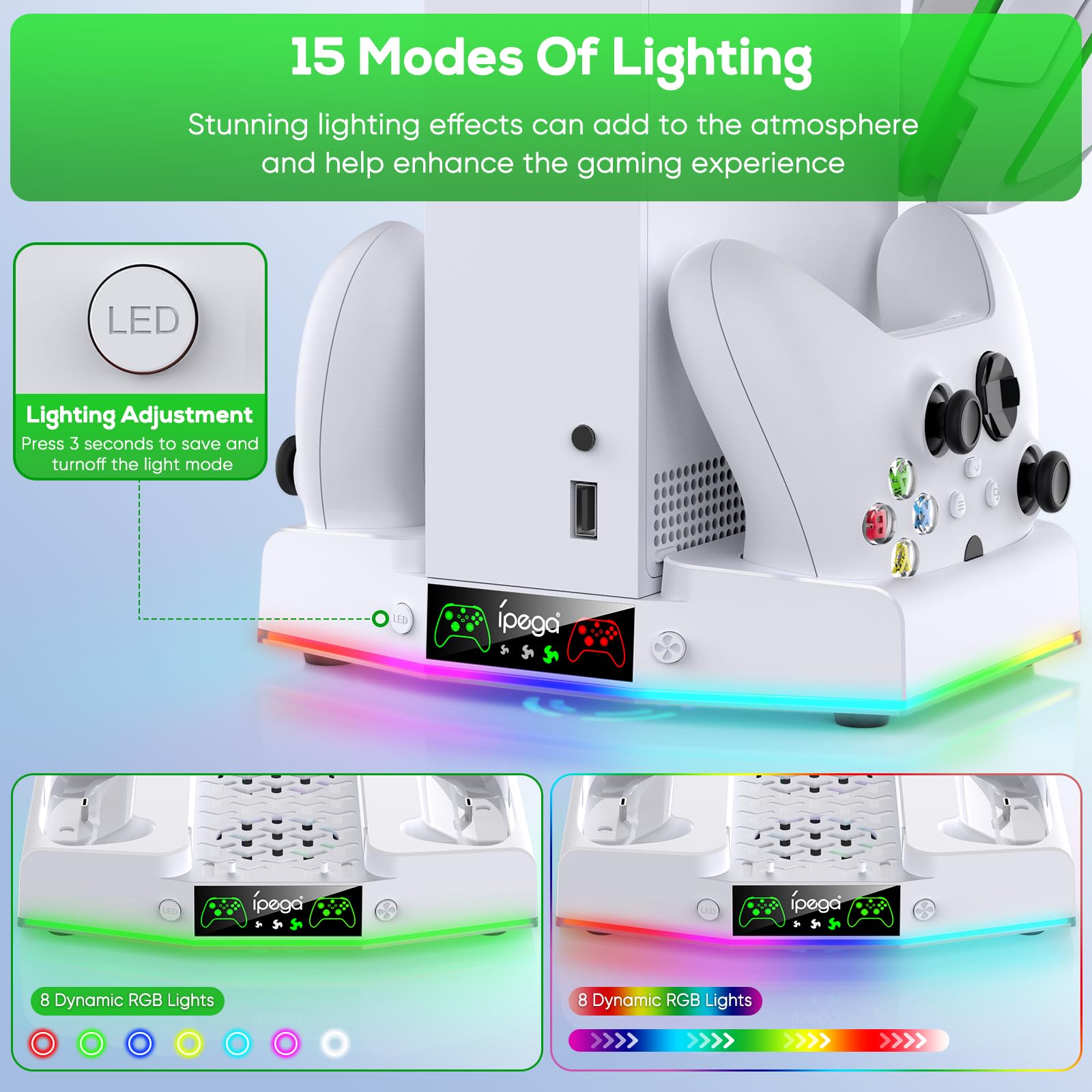 Xbox Series S Charging Station - Vertical Controller Dock with 15 RGB Lights, Cooling Fan System, 2X 1400mAh Rechargeable Batteries & Headset Holder - Perfect for Gaming Setup & Accessories Organization