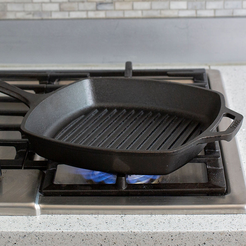 Premium 26cm Cast Iron Square Grill Pan - Heavy Duty, Non-Stick & Even Heat Distribution - Perfect for Steaks, Burgers, Vegetables & Indoor/Outdoor Cooking