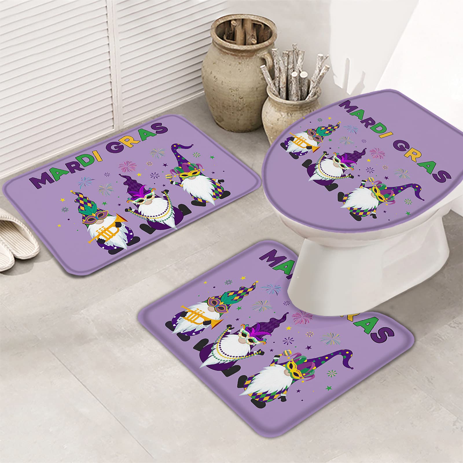 3-Piece Bathroom Rug Set - Non-Slip Absorbent Shower Mat, Contour Mat & Toilet Lid Cover | Mardi Gras Carnival Gnome Party Theme | Soft Bath Mats for Bathroom Safety & Decor | Perfect for Guest Bathrooms, Kids' Bathrooms & Themed Parties