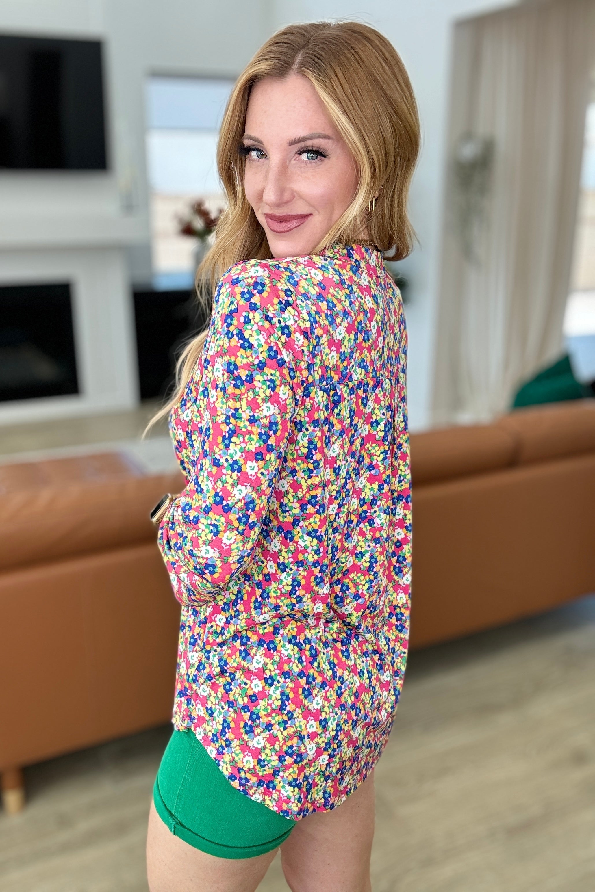 Lizzy Top in Coral Ditsy Floral Print - Women's Casual Short Sleeve Blouse for Spring & Summer Outfits | Perfect for Beach, Date Night & Office Wear