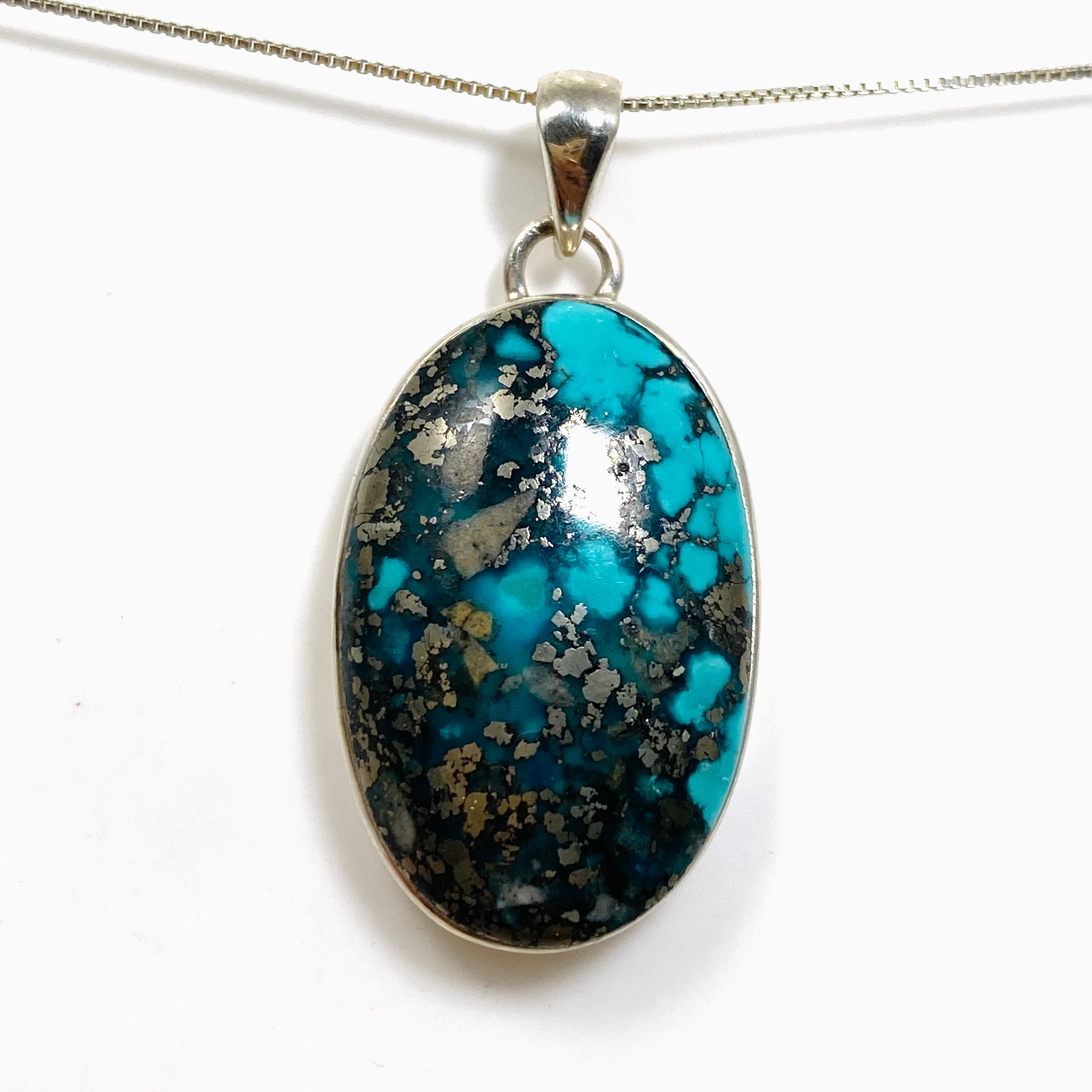 Natural Persian Turquoise with Pyrite Oval Cabochon Pendant - Genuine Iranian Gemstone Jewelry for Women - Perfect for Boho Chic & Southwest Style Outfits